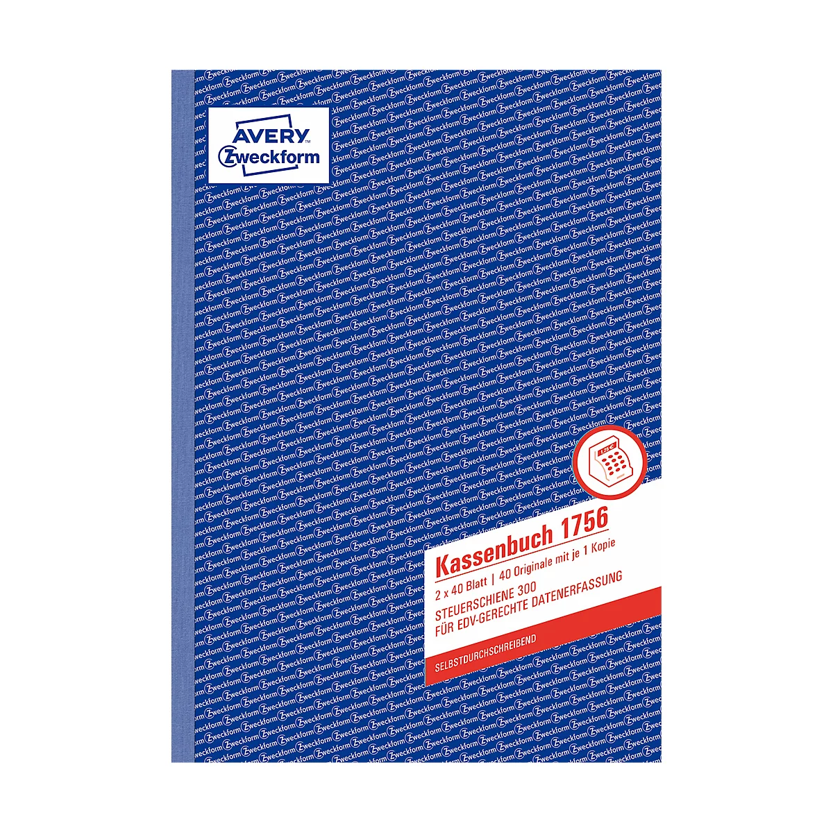 Blue cash book with the imprint 'Kassenbuch 1756' and 'AVERY Zweckform'.
