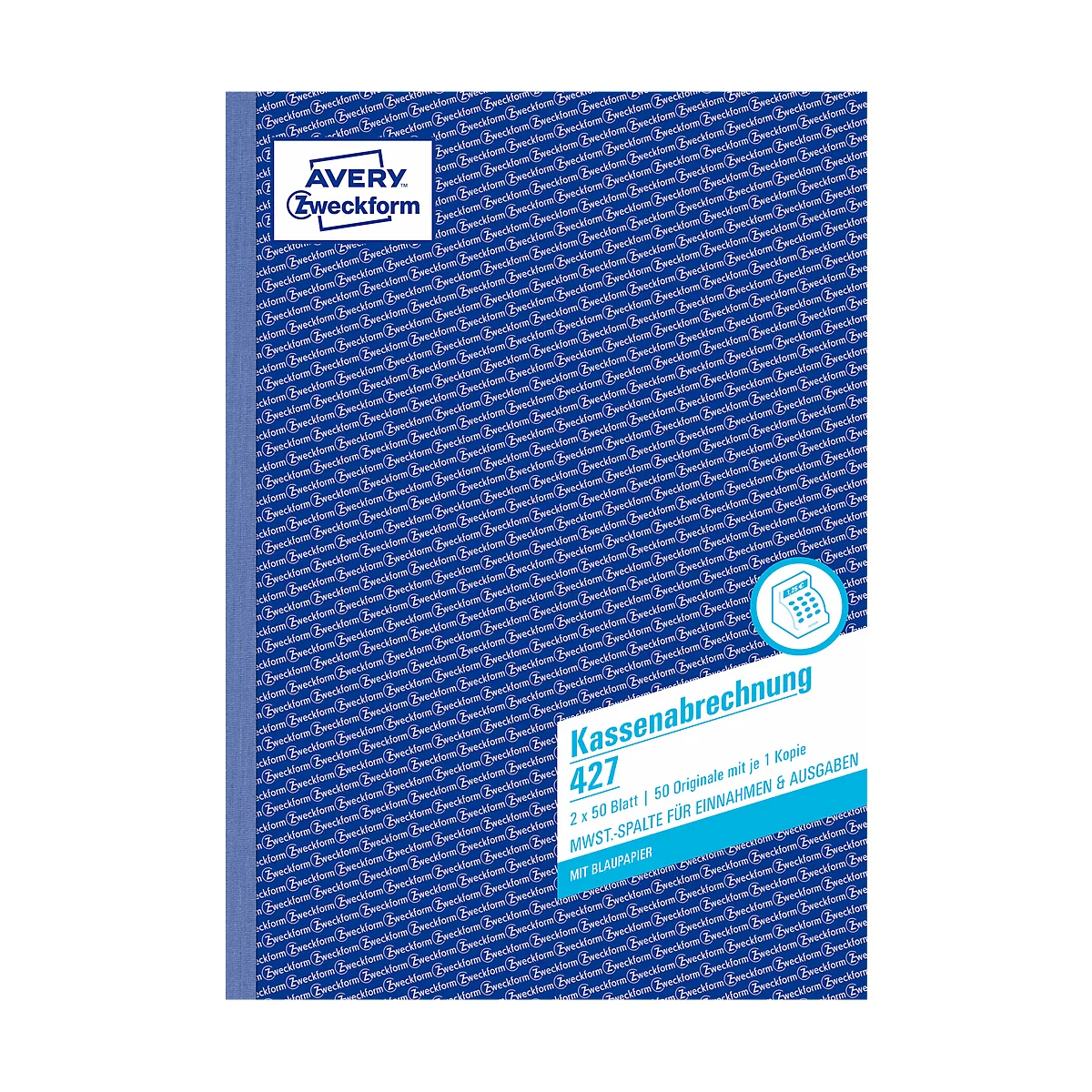 Cash receipt block from Avery Zweckform. Blue pattern, print with product name and relevant details.
