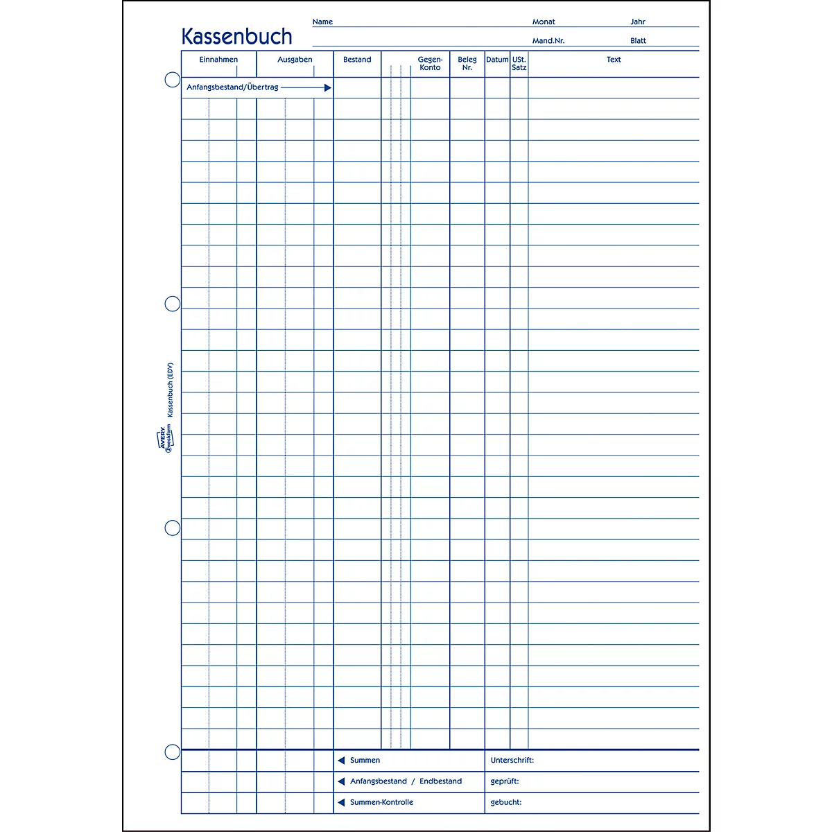 Avery® Zweckform Cashbook 1226, formaat A4, DATEV-compliant, met opvulhulp en 1 vel blauw papier, geperforeerd en geperforeerd, Blaue Engel, wit, 100 vel