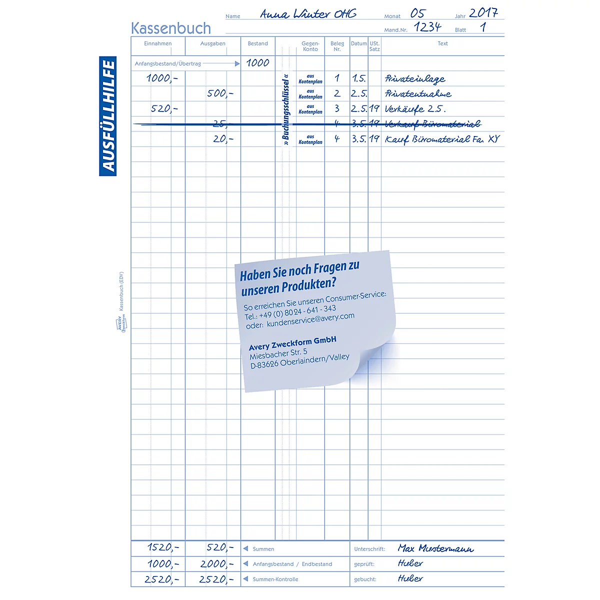 Avery® Zweckform Cashbook 1226, formaat A4, DATEV-compliant, met opvulhulp en 1 vel blauw papier, geperforeerd en geperforeerd, Blaue Engel, wit, 100 vel