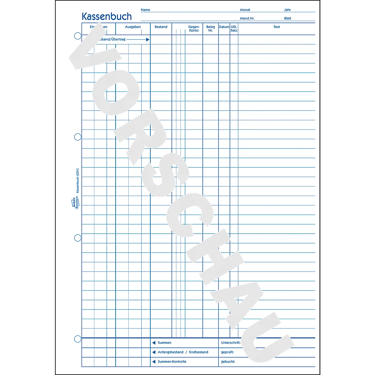 Avery® Zweckform Cashbook 1226, formaat A4, DATEV-compliant, met opvulhulp en 1 vel blauw papier, geperforeerd en geperforeerd, Blaue Engel, wit, 100 vel