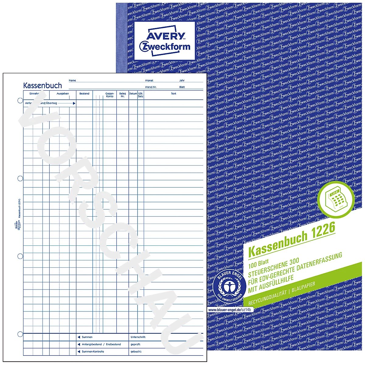 Avery® Zweckform Cashbook 1226, formaat A4, DATEV-compliant, met opvulhulp en 1 vel blauw papier, geperforeerd en geperforeerd, Blaue Engel, wit, 100 vel