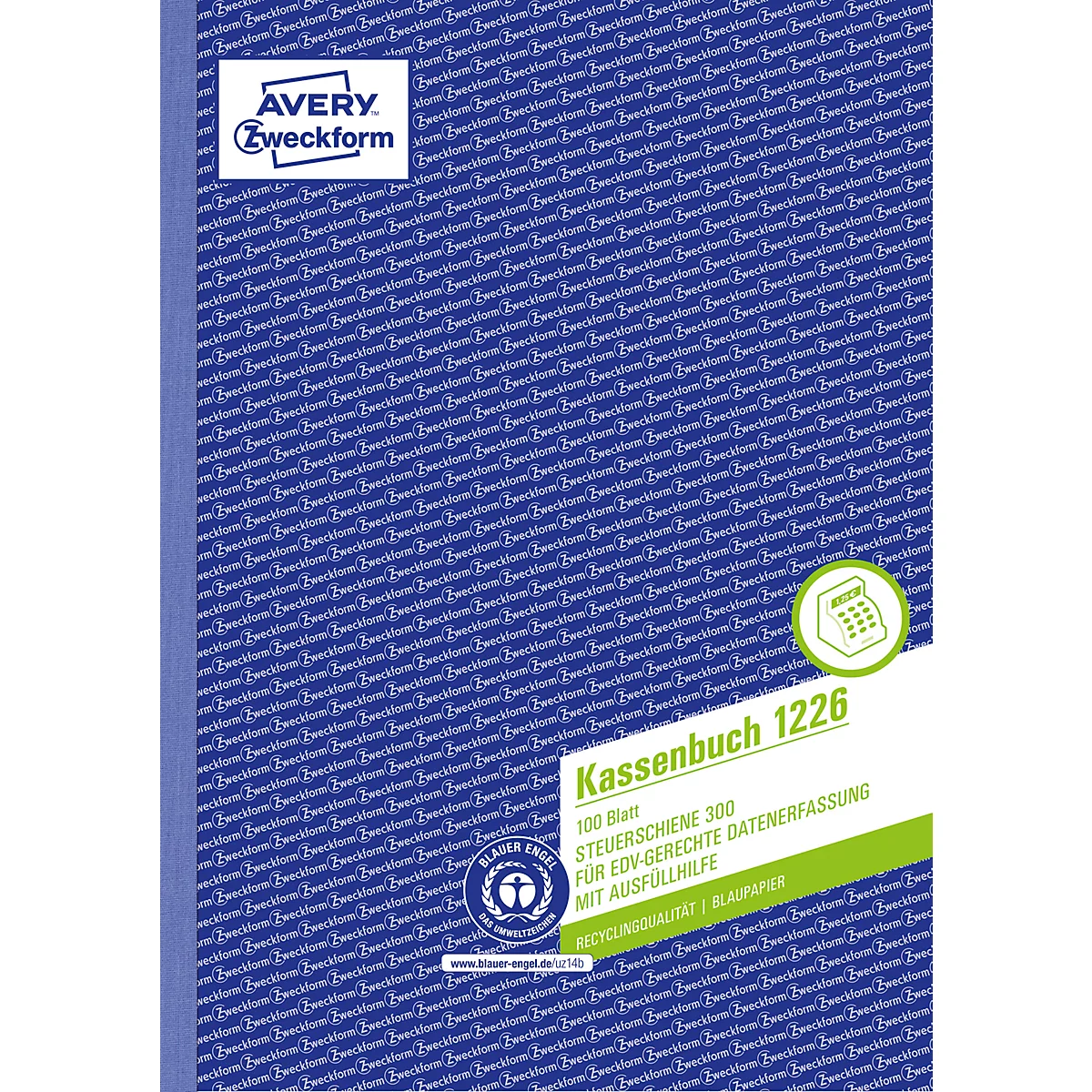 Avery® Zweckform Cashbook 1226, formaat A4, DATEV-compliant, met opvulhulp en 1 vel blauw papier, geperforeerd en geperforeerd, Blaue Engel, wit, 100 vel