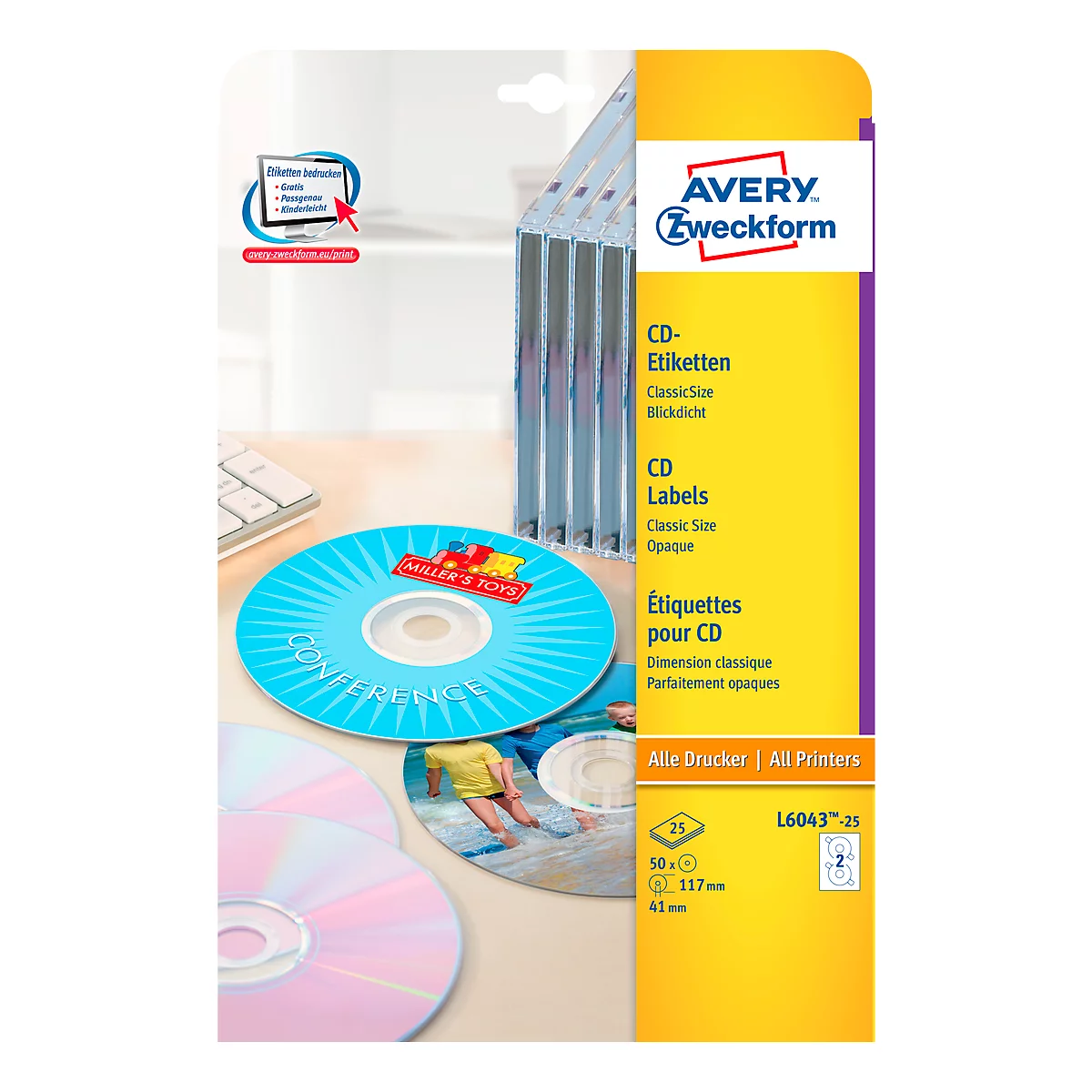 Avery Zweckform CD-Etiketten L6043-25 ClassicSize, geeignet für Inkjet-& Laserdrucker, blickdicht, Ø 117 mm, 50 Stück/25 A4-Bogen, FSC®-Papier, weiß