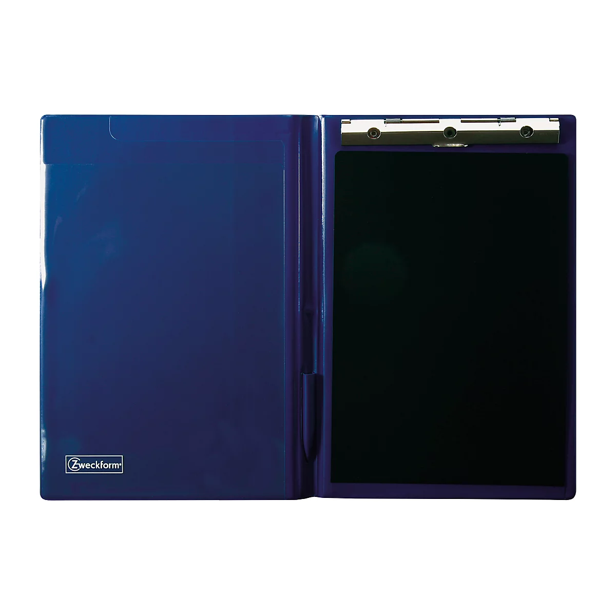 Blue clipboard, open, with silver clip and "Zweckform" print.
