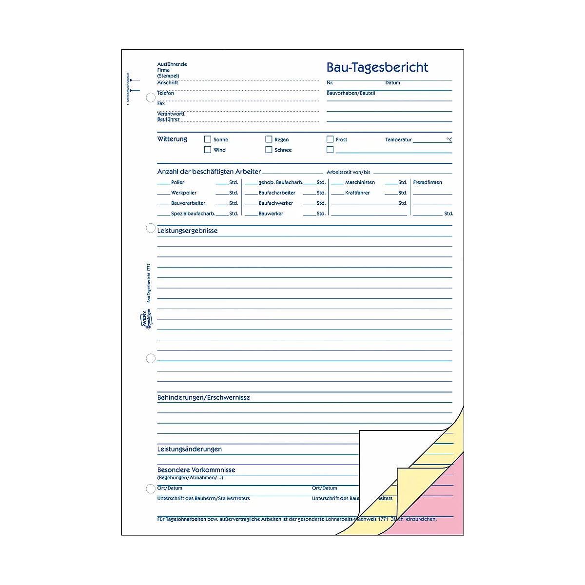Avery Zweckform Dagrapport Bouw 1777, A4, zelfkopiërend, 40 vellen