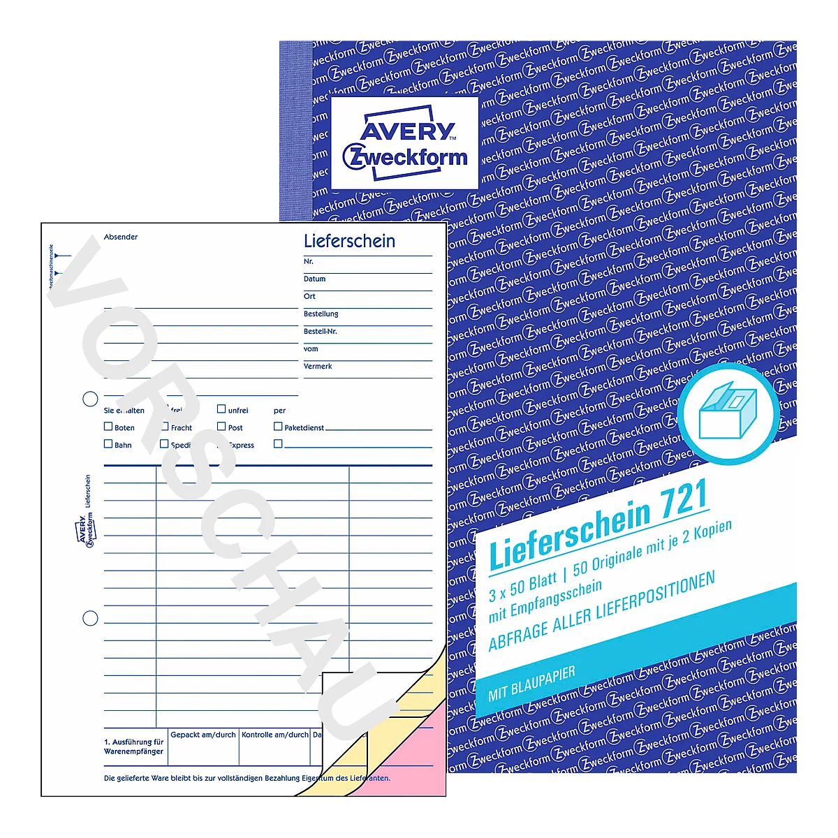 On a white background, a block and a notepad from Avery Zweckform. The block says "Lieferschein 721". The notepad is blue.
