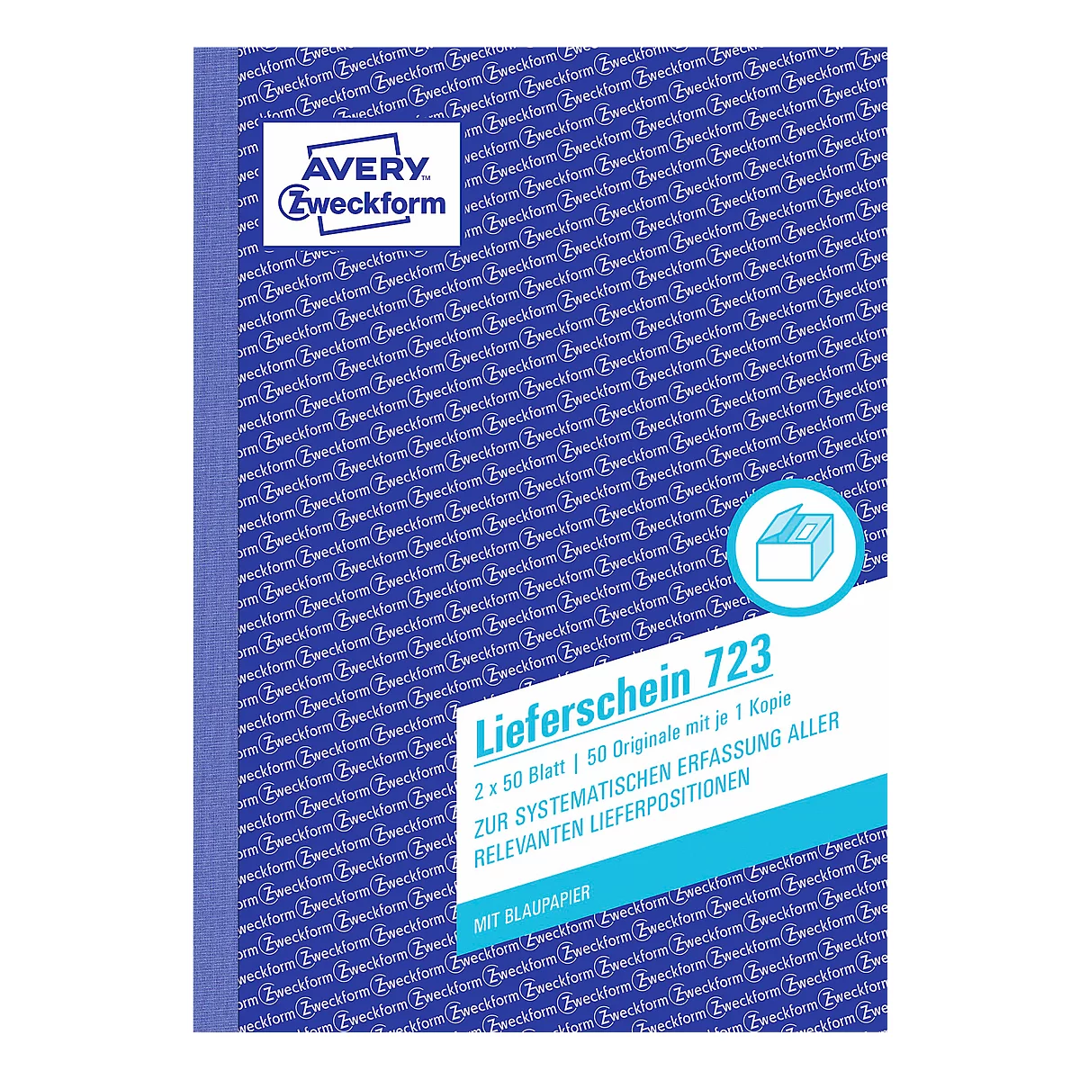 Blue Avery Zweckform form. Logo in the upper left corner, product information below. Title: Lieferschein 723.