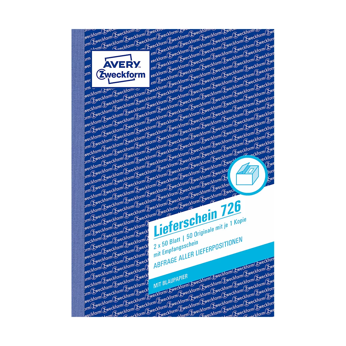 Blue Avery Zweckform form, "Delivery note 726" with text: 2 x 50 sheets, 50 originals, receipt, inquiry of all delivery positions.