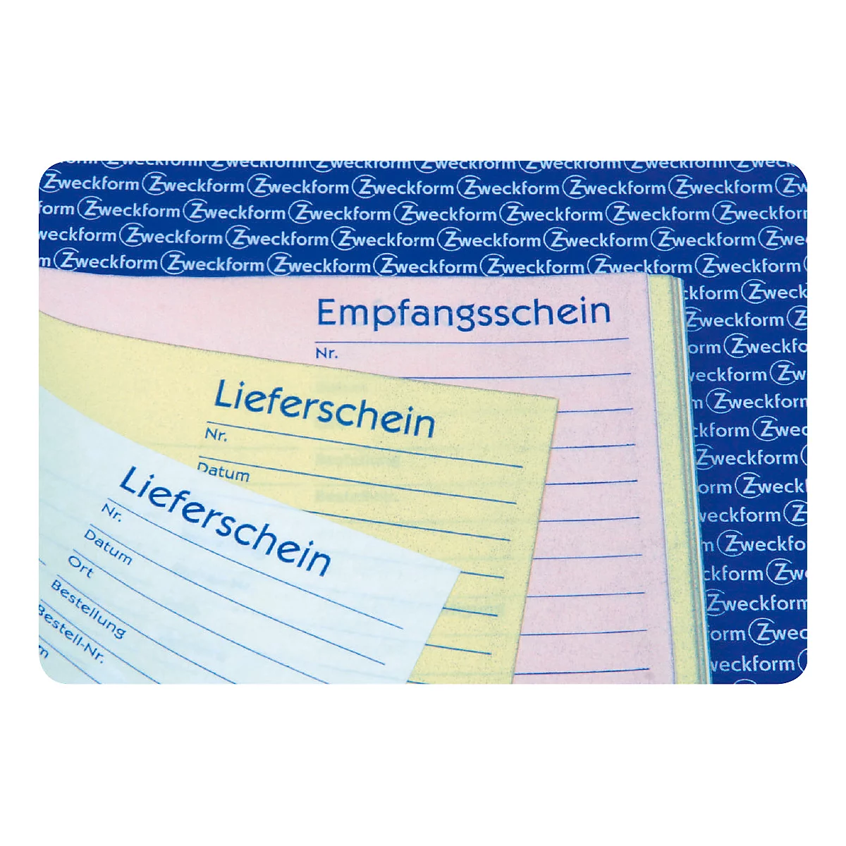 Close-up of receipts and delivery notes. Blue logo, pink, yellow, and white notepads.