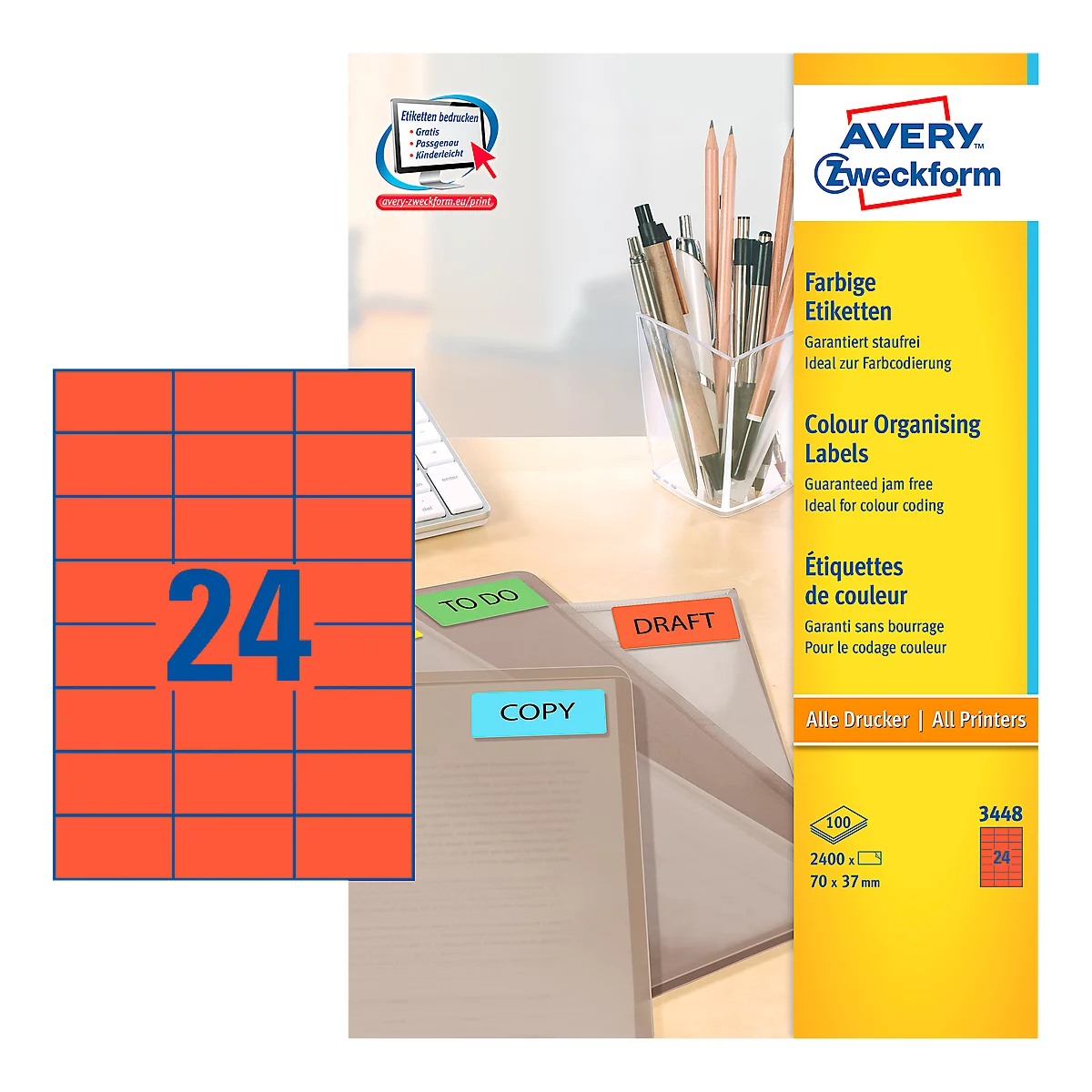 Avery Zweckform Etiketten 3448, 70 x 37 mm, 2400 Stück, rot