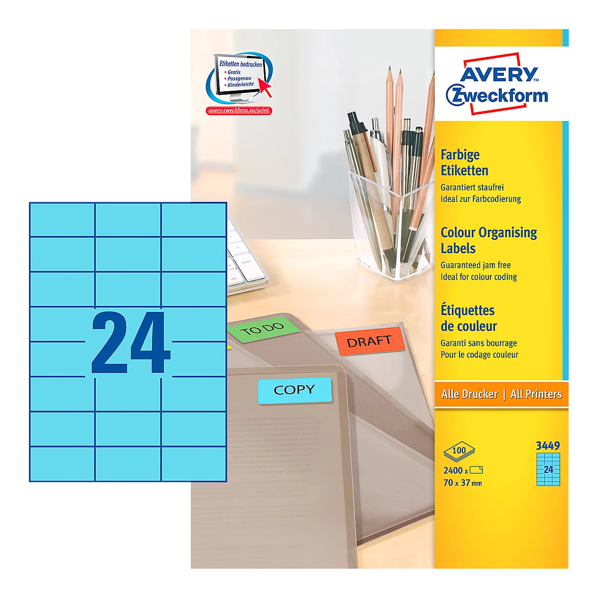 Avery Zweckform Etiketten 3449, 70 x 37 mm, 2400 Stück, blau