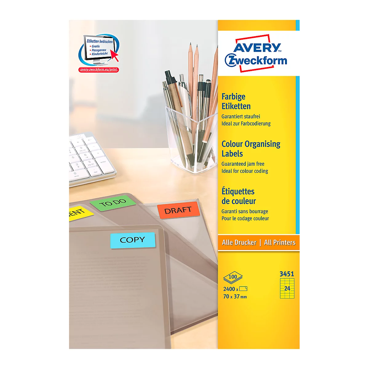 Avery Zweckform Etiketten 3451, 70 x 37 mm, 2400 Stück, gelb