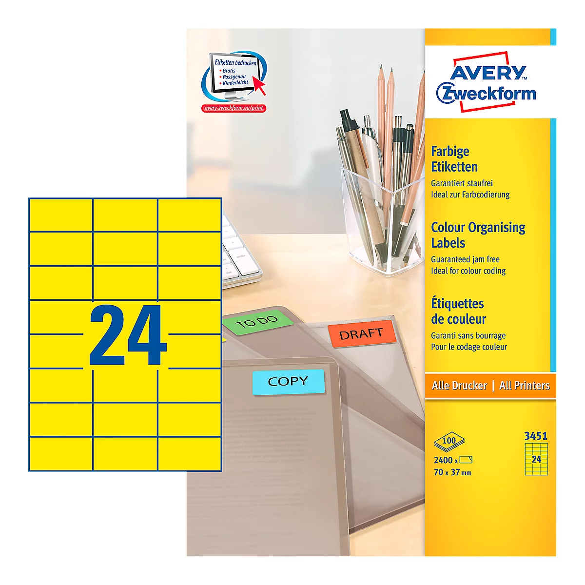 Avery Zweckform Etiketten 3451, 70 x 37 mm, 2400 Stück, gelb