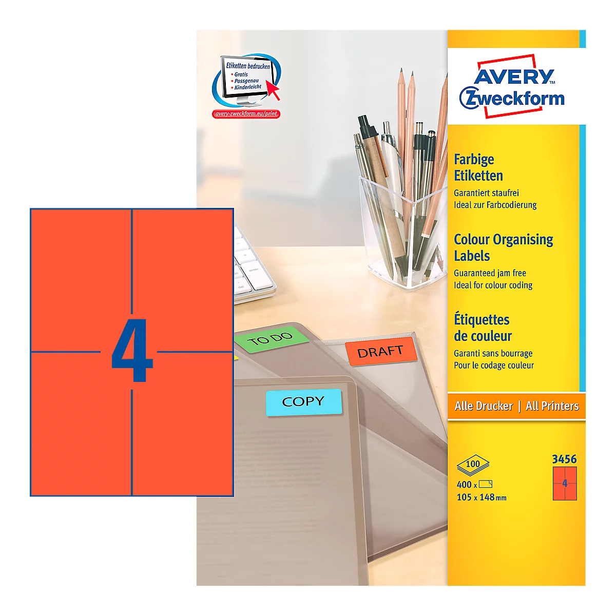 Avery Zweckform etiketten 3456, 105 x 148 mm, 400 stuks, rood