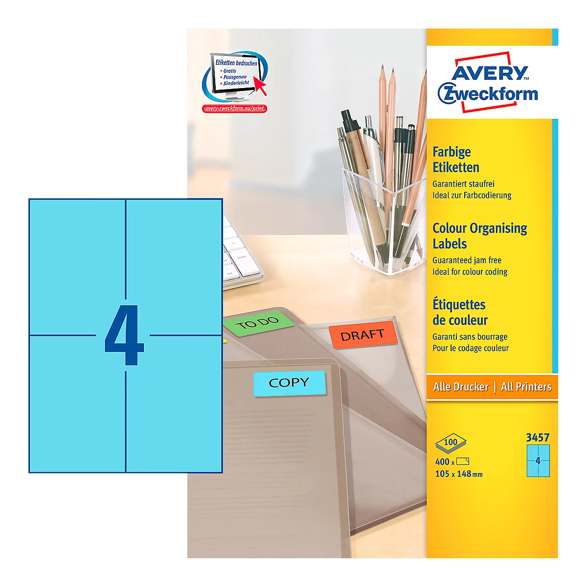 Avery Zweckform Etiketten 3457, 105 x 148 mm, 400 Stück, blau