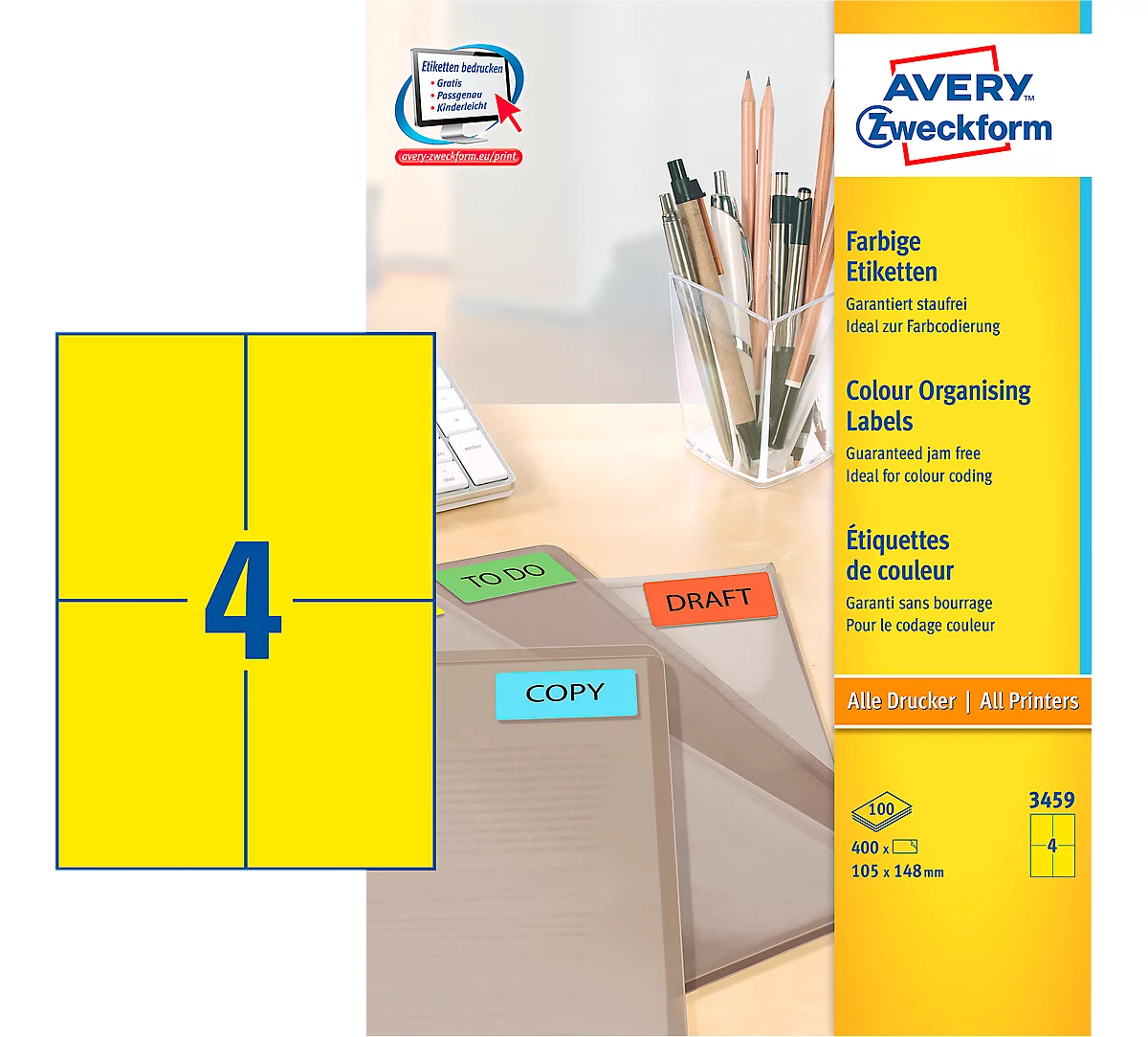 Avery Zweckform Etiketten 3459, 105 x 148 mm, 400 Stück, gelb
