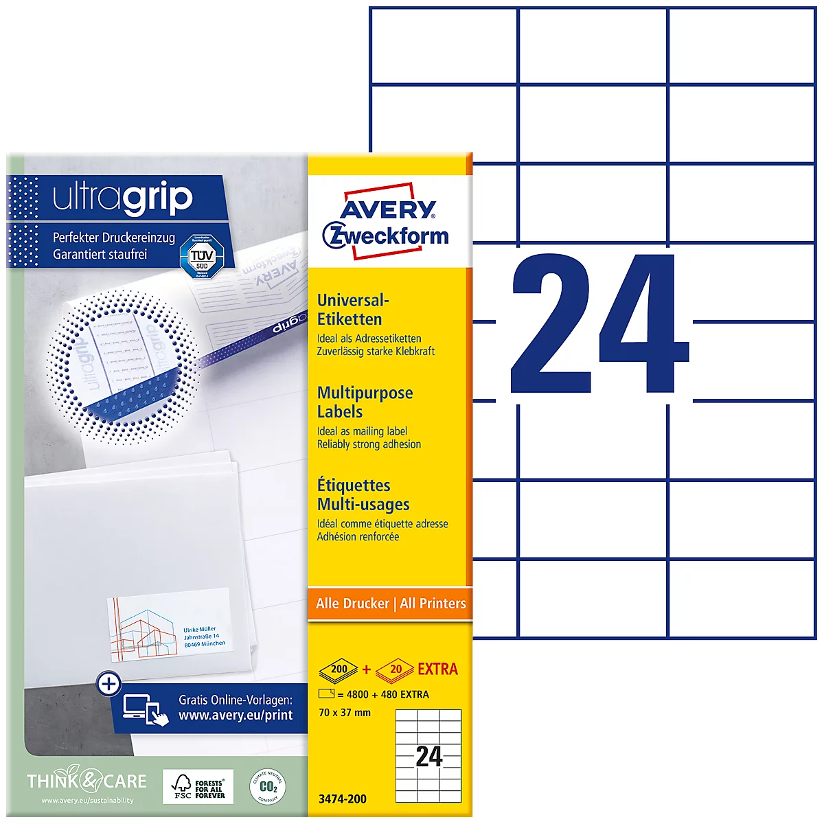 Avery® Zweckform Etiketten 3474-200, A4, universeel, permanente kleefstof, ultragrip, printer geschikt, FSC® papier, rechthoekig, wit, 5280 stuks op 220 vel