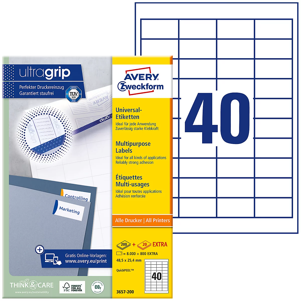 Avery® Zweckform-etiketten 3657-200, A4, universeel, permanente kleefstof, ultragrip, printergeschikt, FSC®-papier, rechthoekig, wit, 8800 stuks op 220 vel