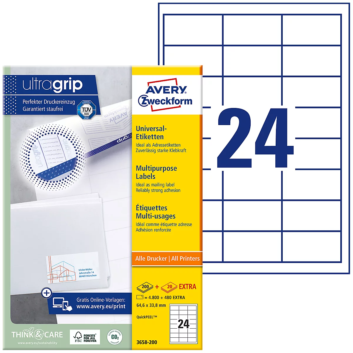 Etikettenpackung mit dem Aufdruck 'Avery Zweckform', daneben ein Bogen mit 24 Etiketten.