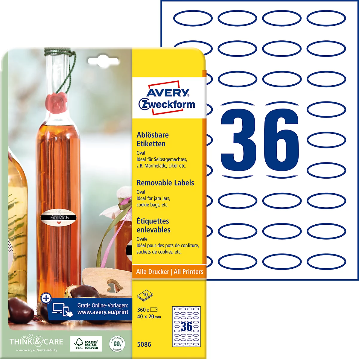 Avery® Zweckform Etiketten 5086, formaat A4, verwijderbaar, printer-veilig, 40 x 20 mm, 10 vel met 360 stuks, FSC® papier, ovaal, wit