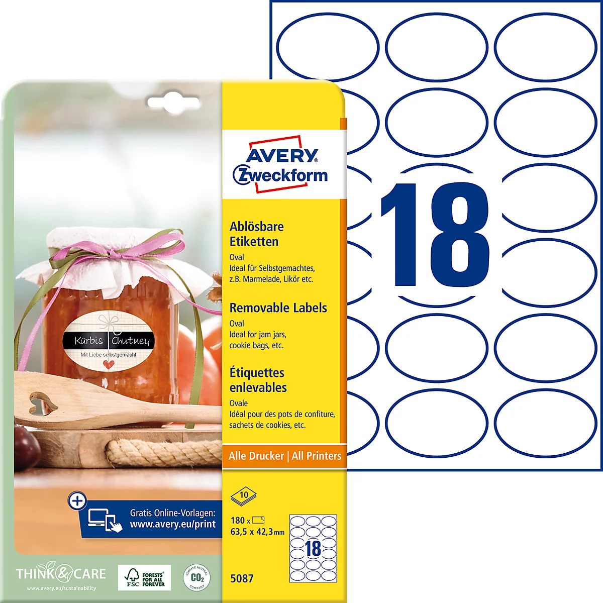 Avery® Zweckform Etiketten 5087, formaat A4, verwijderbaar, printer-veilig, 63,5 x 42,3 mm, 10 vel met 180 stuks, FSC® papier, ovaal, wit