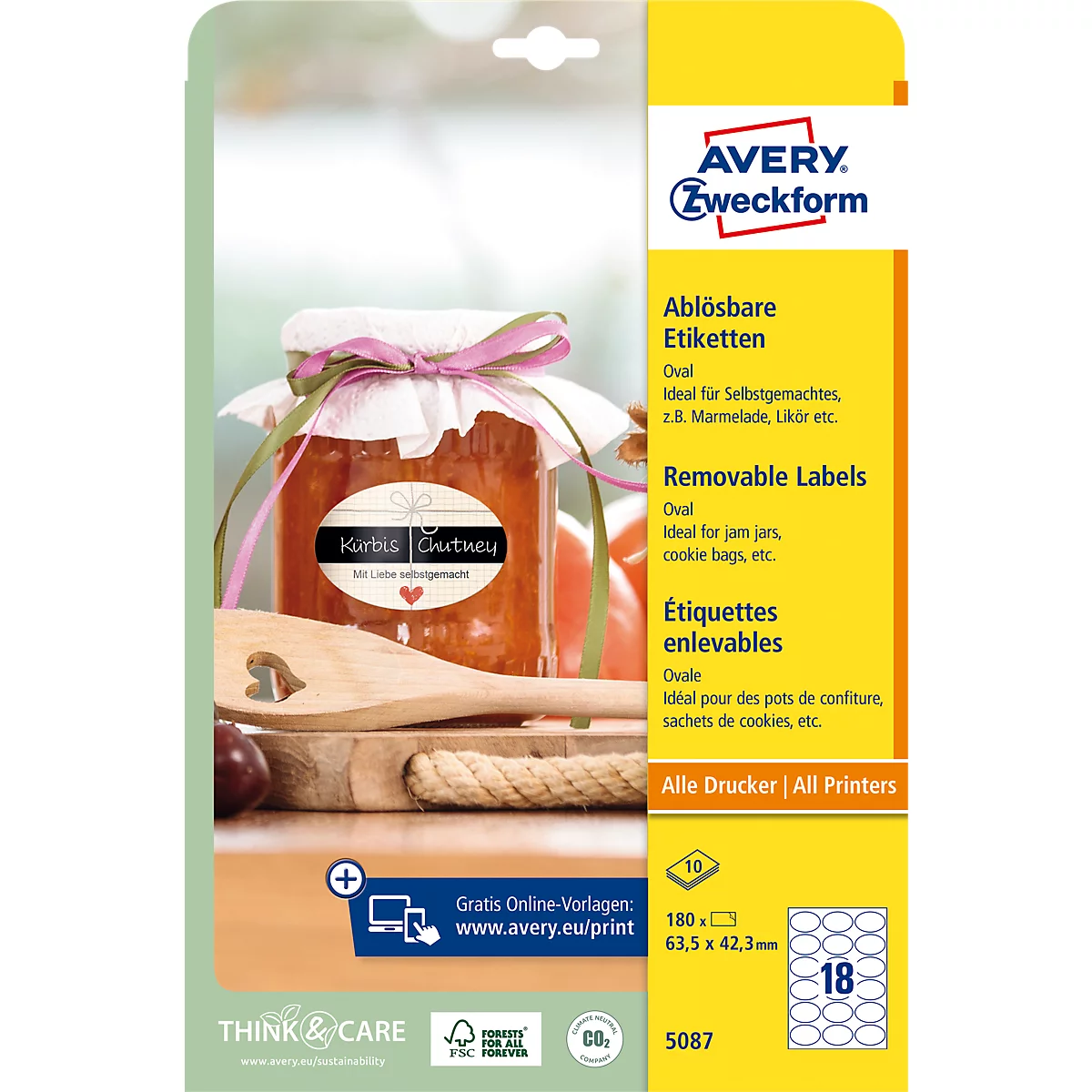 Avery® Zweckform Etiketten 5087, Format A4, ablösbar, druckergeeignet, 63,5 x 42,3 mm, 10 Bogen mit 180 Stück, FSC®-Papier, oval, weiß