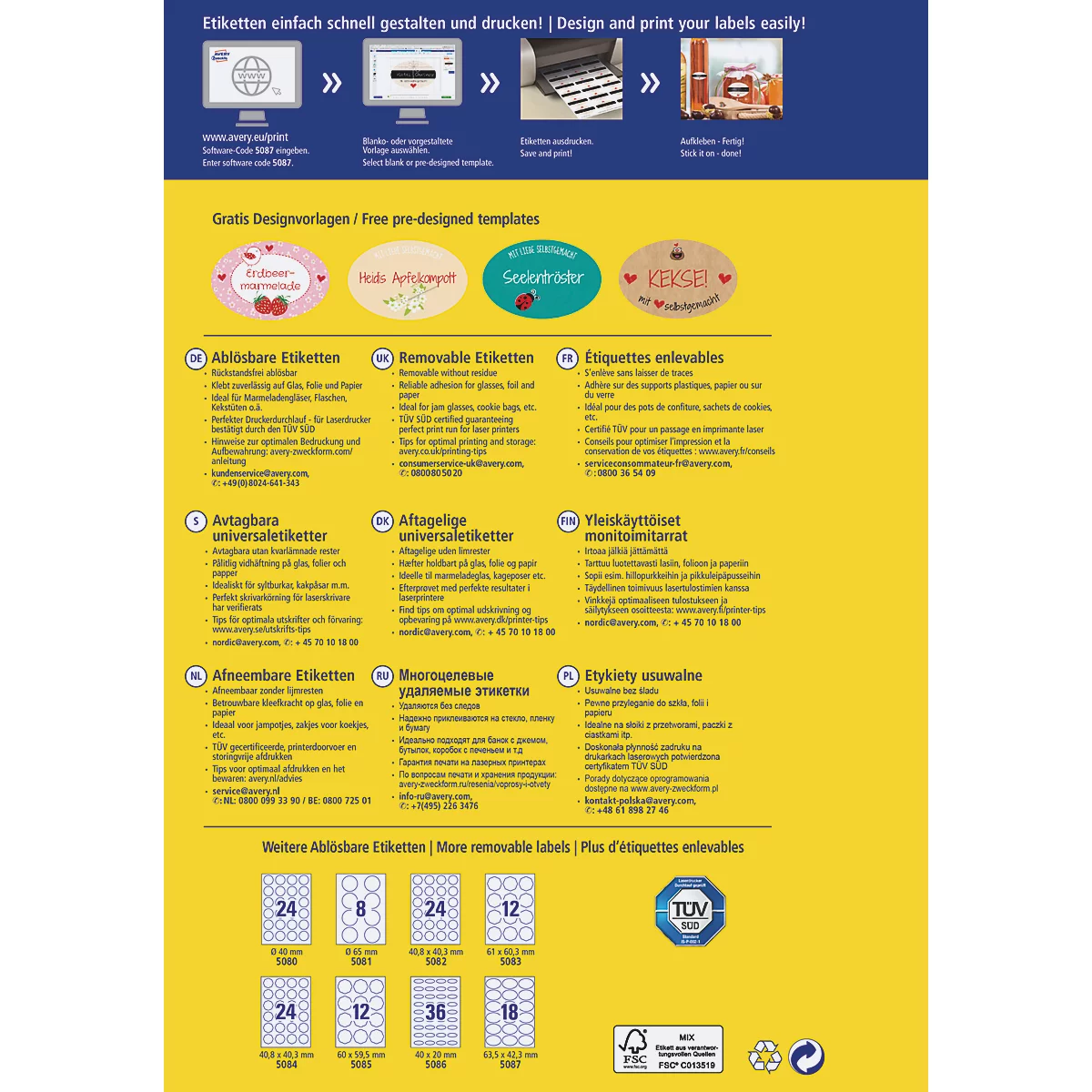 Avery® Zweckform Etiketten 5087, Format A4, ablösbar, druckergeeignet, 63,5 x 42,3 mm, 10 Bogen mit 180 Stück, FSC®-Papier, oval, weiß