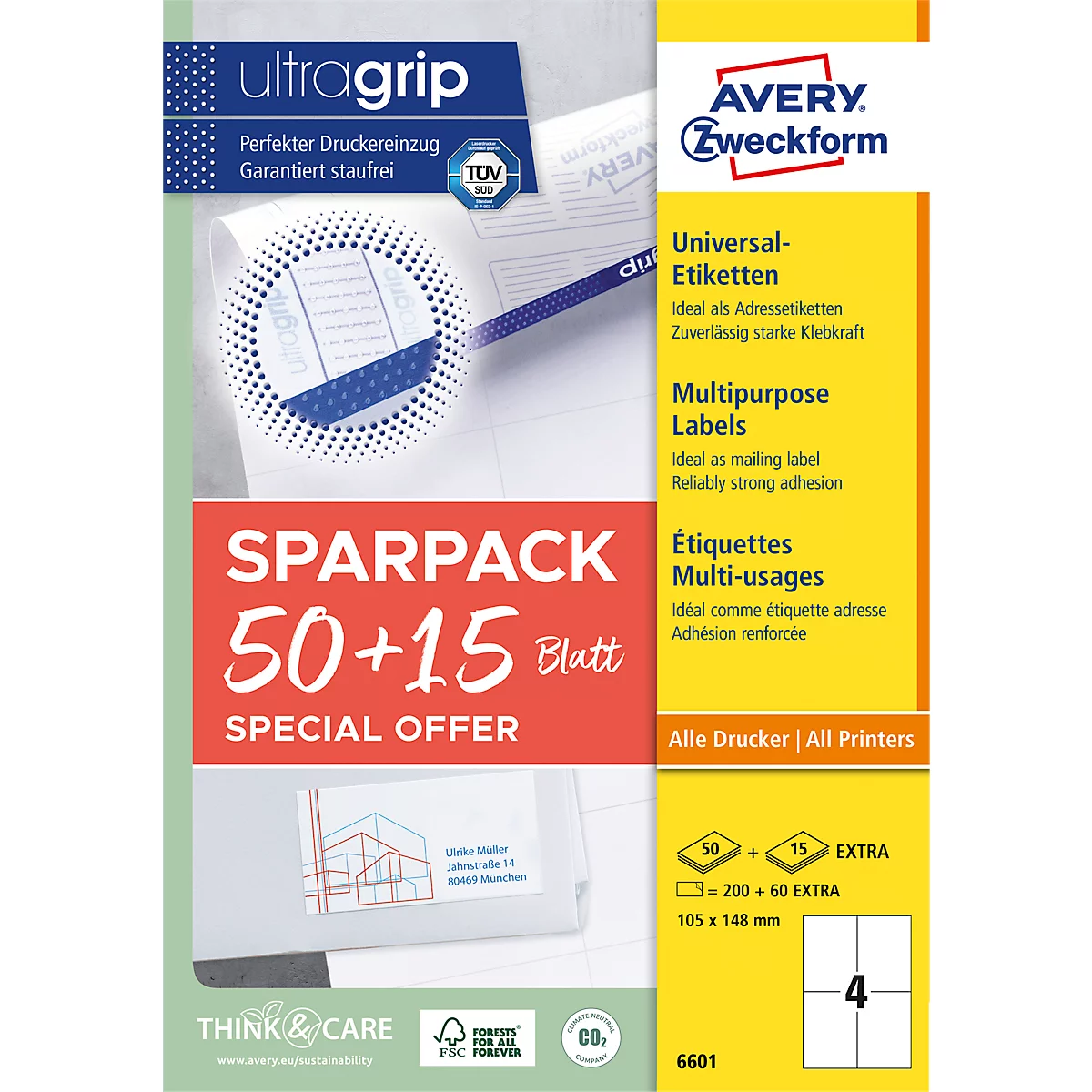 Avery Zweckform Etiketten 6601, universal, ultragrip, geeignet für Inkjet- & Laserdrucker, 105 x 148 mm, 260 Stück/65 A4-Bogen, FSC®-Papier, weiß
