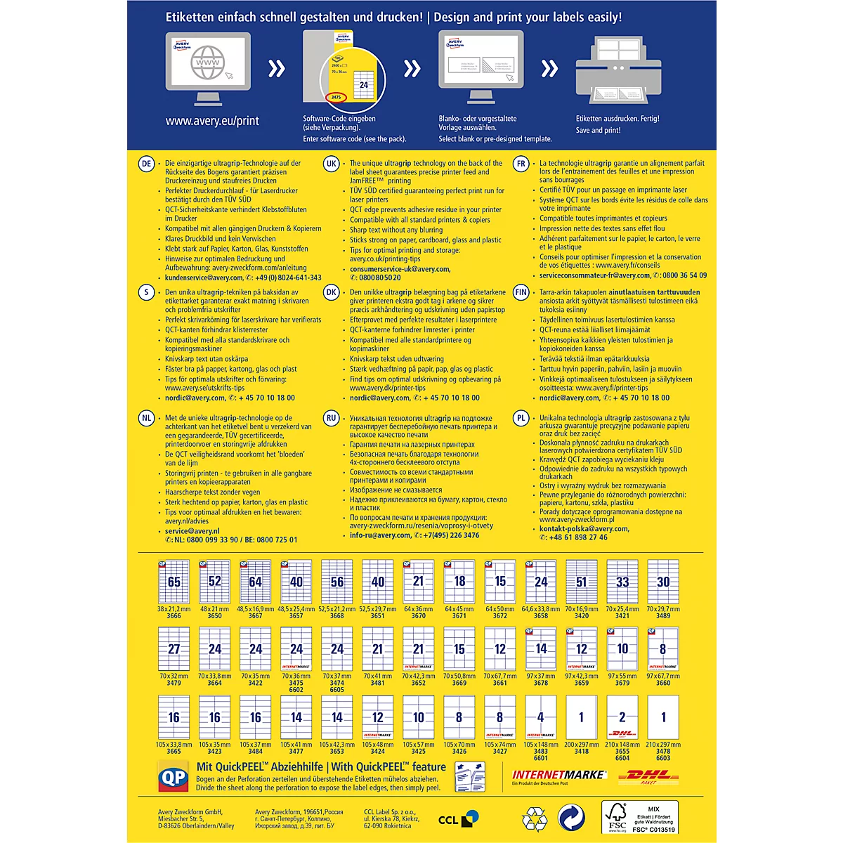 Avery Zweckform Etiketten 6601, universal, ultragrip, geeignet für Inkjet- & Laserdrucker, 105 x 148 mm, 260 Stück/65 A4-Bogen, FSC®-Papier, weiß
