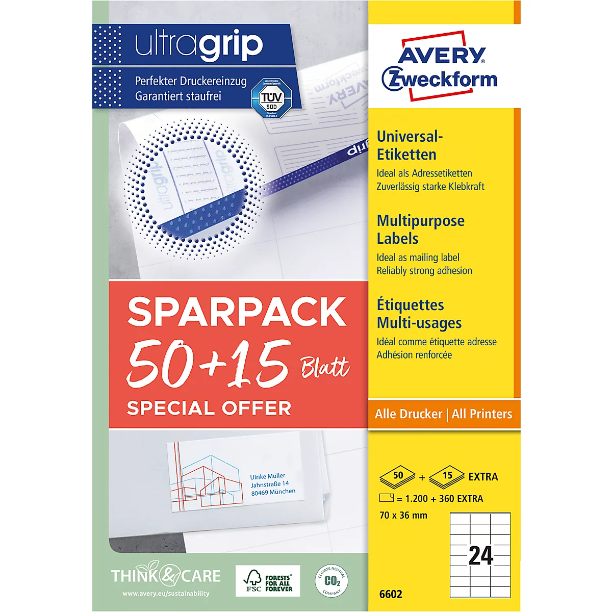 Avery Zweckform Etiketten 6602, universal, ultragrip, geeignet für Inkjet- & Laserdrucker, 70 x 36 mm, 1560 Stück/65 A4-Bogen, FSC®-Papier, weiß