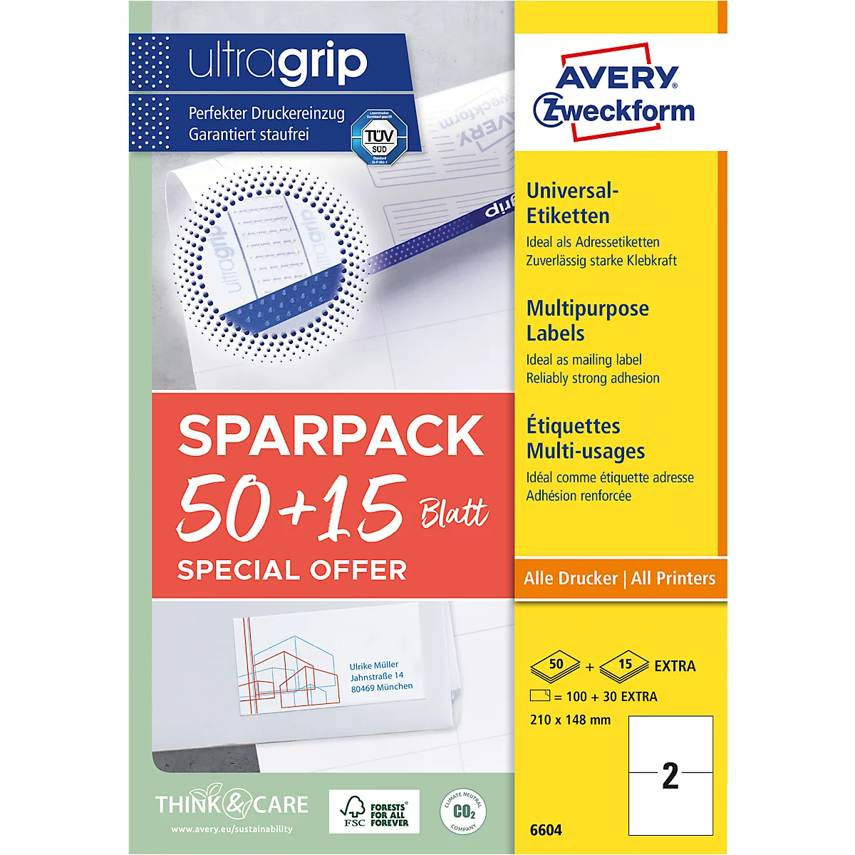Avery Zweckform Etiketten 6604, universal, ultragrip, geeignet für Inkjet- & Laserdrucker, 210 x 148 mm, 130 Stück/65 A4-Bogen, FSC®-Papier, weiß