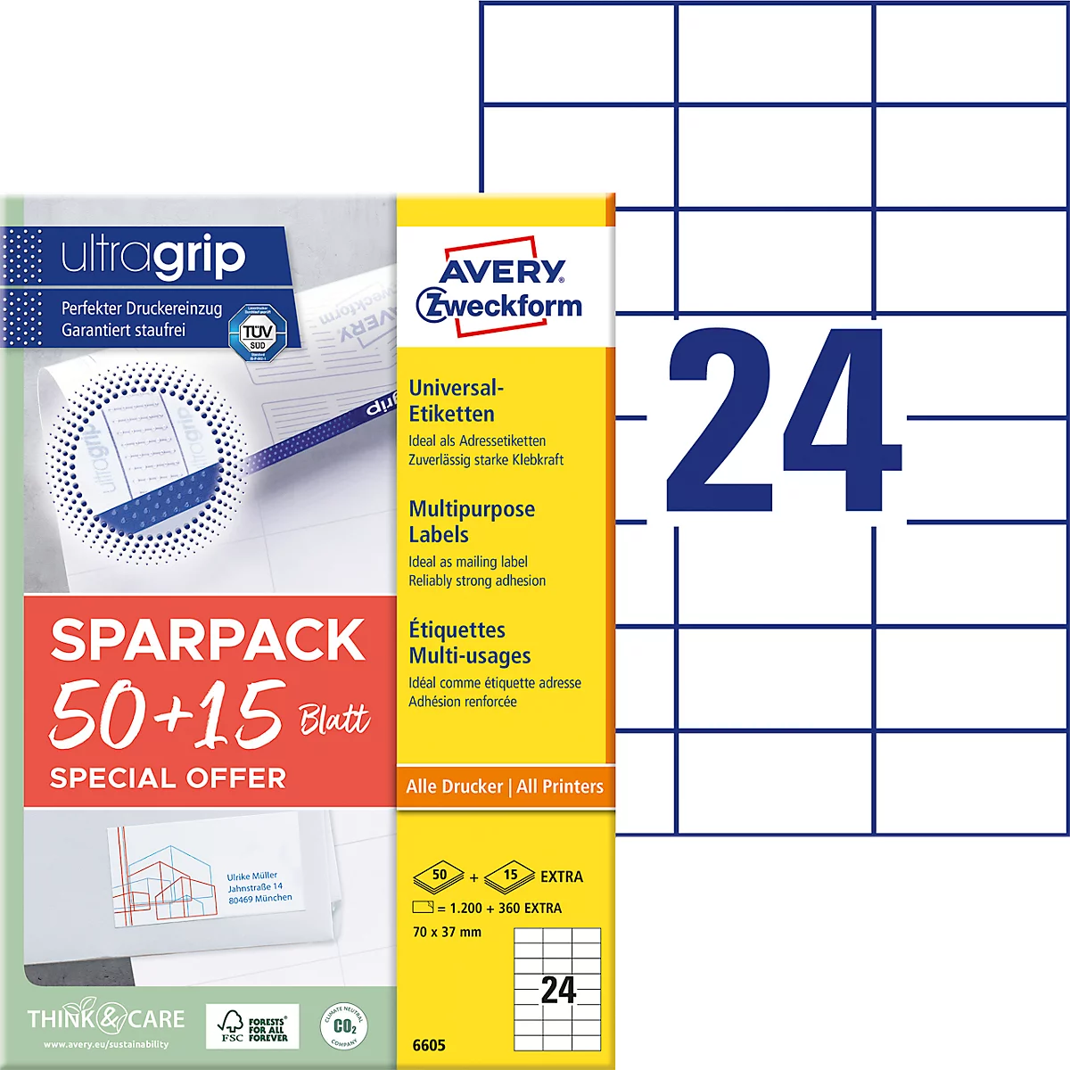 Avery Zweckform Etiketten 6605, universal, ultragrip, geeignet für Inkjet- & Laserdrucker, 70 x 37 mm, 1560 Stück/65 A4-Bogen, FSC®-Papier, weiß