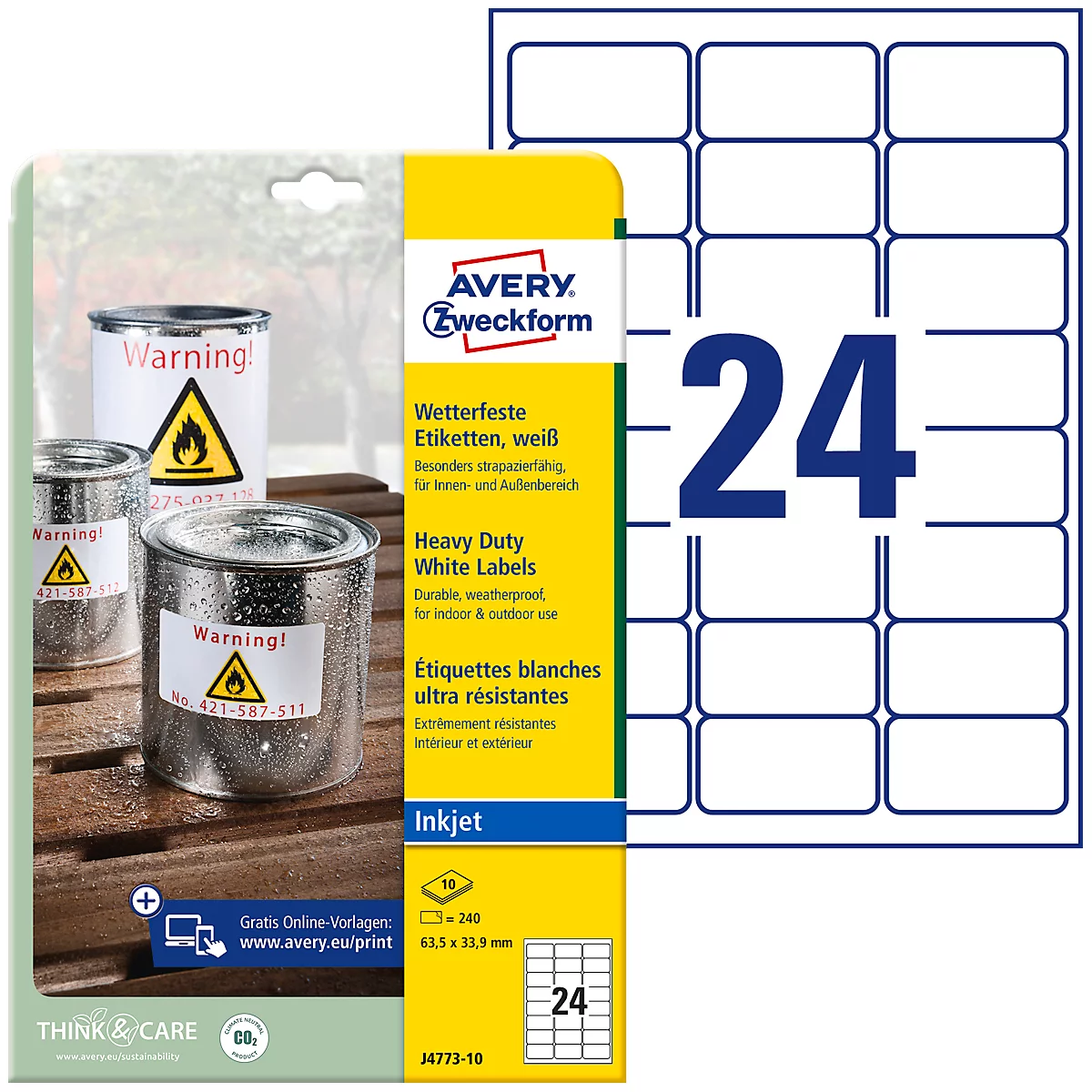 Avery® Zweckform Etiketten J4773, wetterfest, permanenthaftend, druckergeeignet, rechteckig, Polyester, matt weiß, 240 Stück auf 10 Blatt