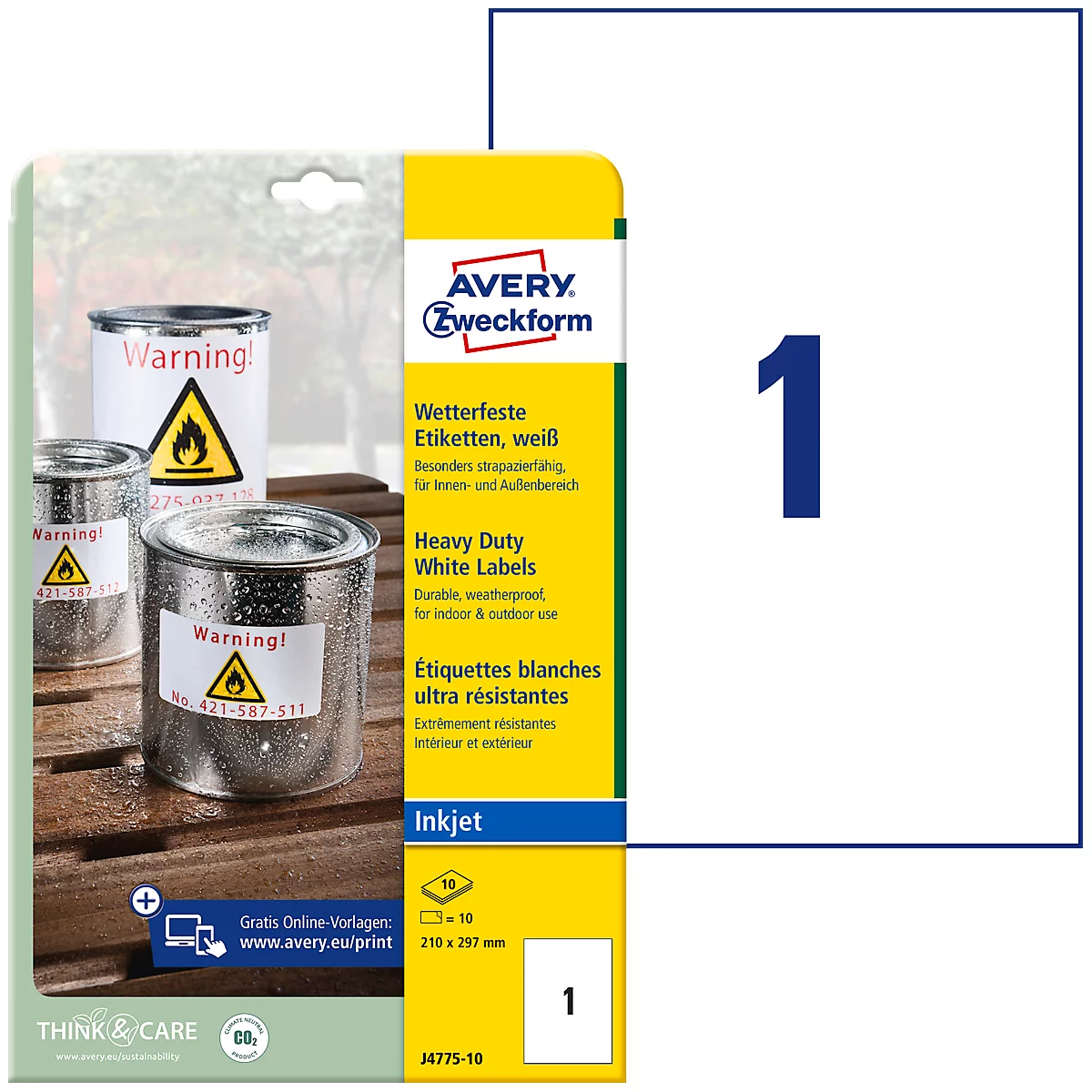 Avery® Zweckform Etiketten J4775, wetterfest, permanenthaftend, druckergeeignet, rechteckig, Polyester, matt weiß, 10 Stück auf 10 Blatt