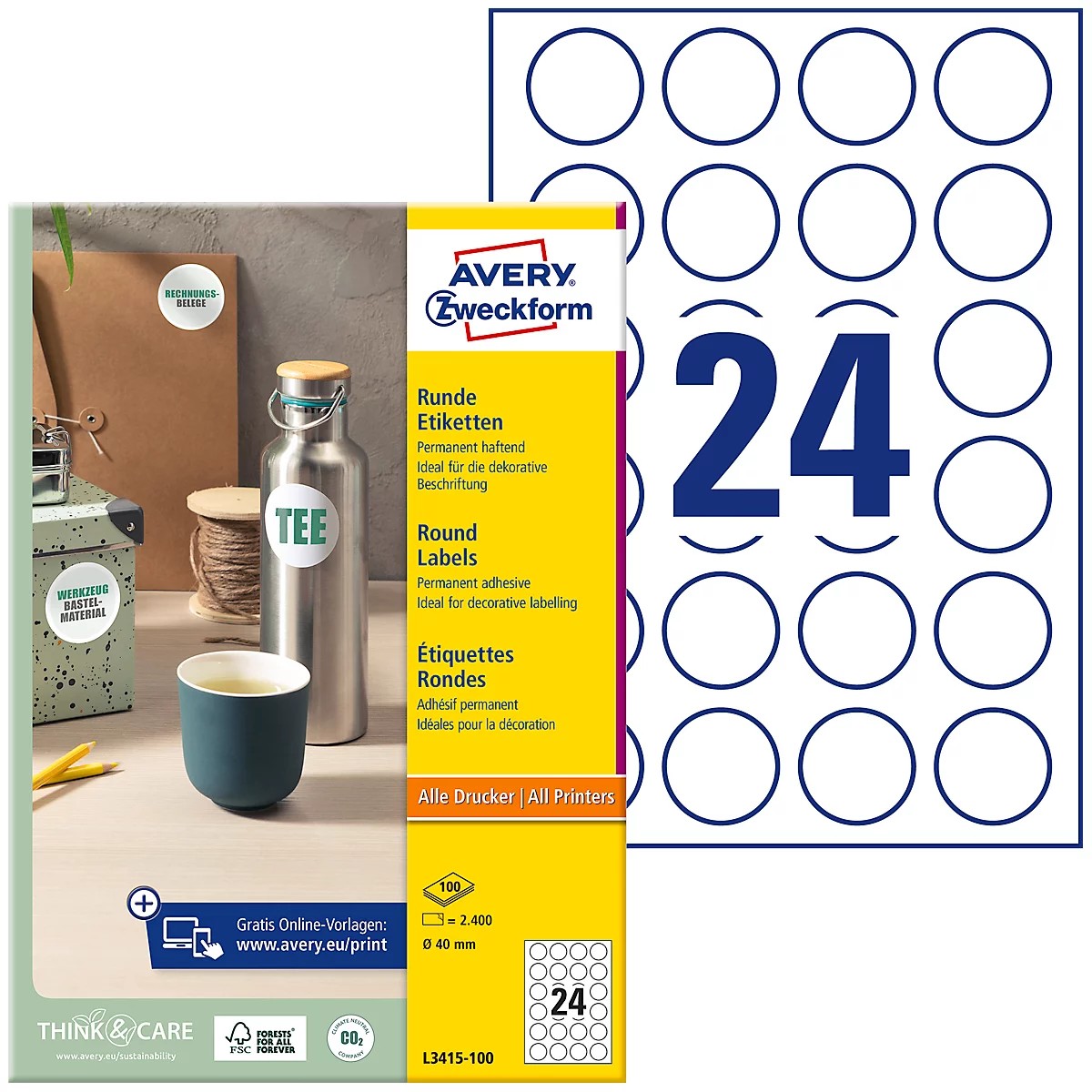 Avery® Zweckform Etiketten L3415-100, A4, universell, permanenthaftend, druckergeeignet, FSC®-Papier, rund, Ø 40 mm, weiß, 2400 Stück auf 100 Bogen