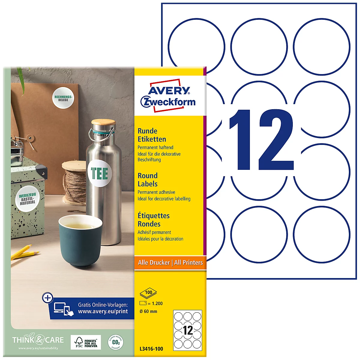 Avery® Zweckform Etiketten L3416-100, A4, universell, permanenthaftend, druckergeeignet, FSC®-Papier, rund, Ø 60 mm, weiß, 1200 Stück auf 100 Bogen