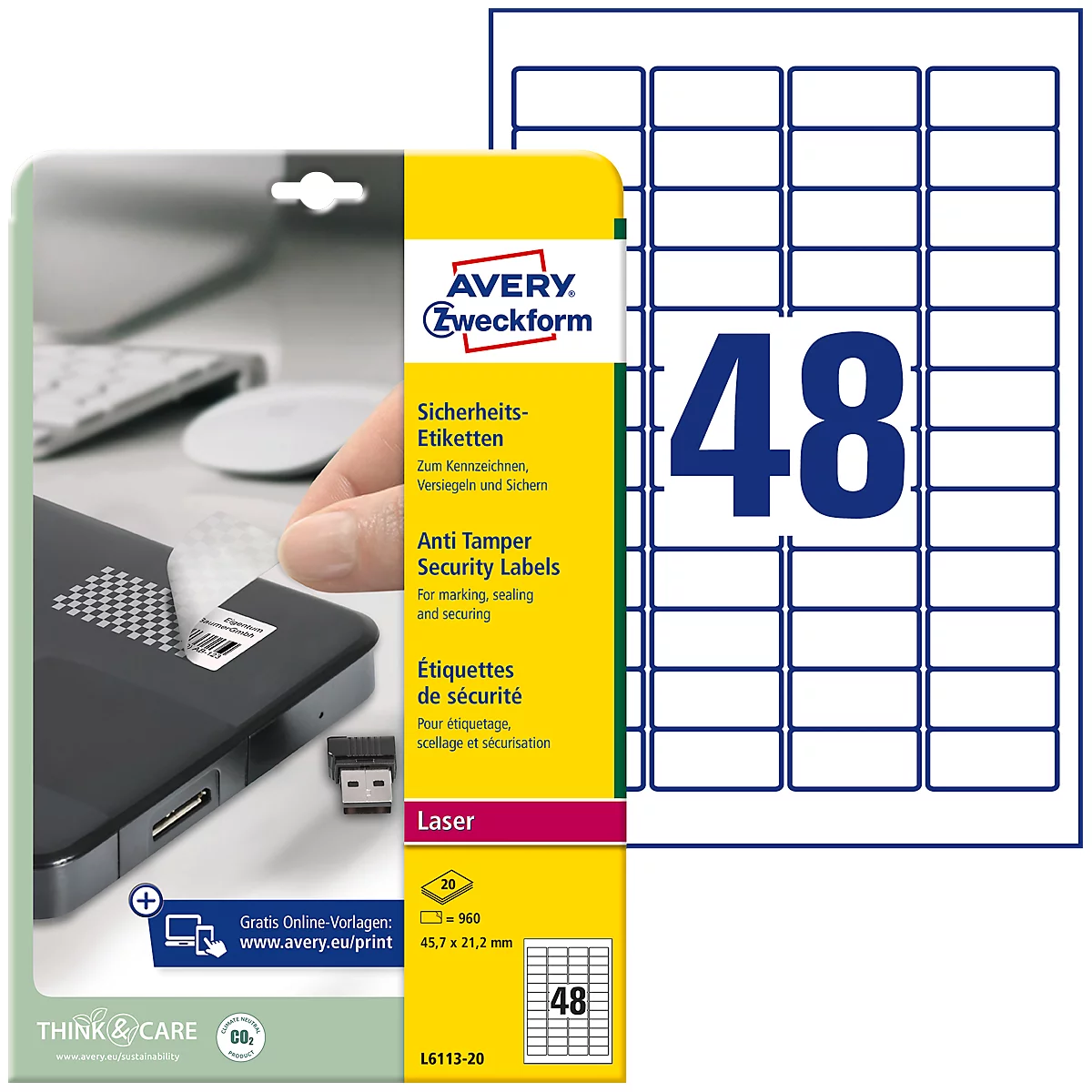 Avery Zweckform etiketten L6113-20, fraudebestendig, extreem robuust, 45,7 x 21,2 mm, 960 stuks/20 A4-vellen, folie, wit
