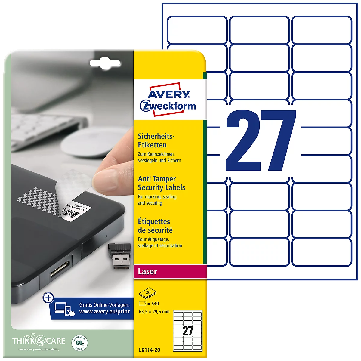 Avery Zweckform Etiketten L6114-20, fälschungssicher, extrem robust, 63,5 x 29,6 mm, 540 Stück/20 A4-Bogen, Folie, weiß