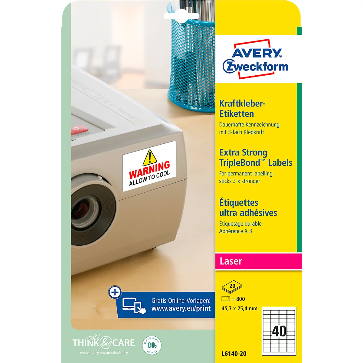 Avery Zweckform Etiketten L6140-20, extra stark haftend, geeignet für Laserdrucker, 45,7 x 25,4 mm, 800 Stück/20 A4-Bogen, Polyesterfolie, weiß