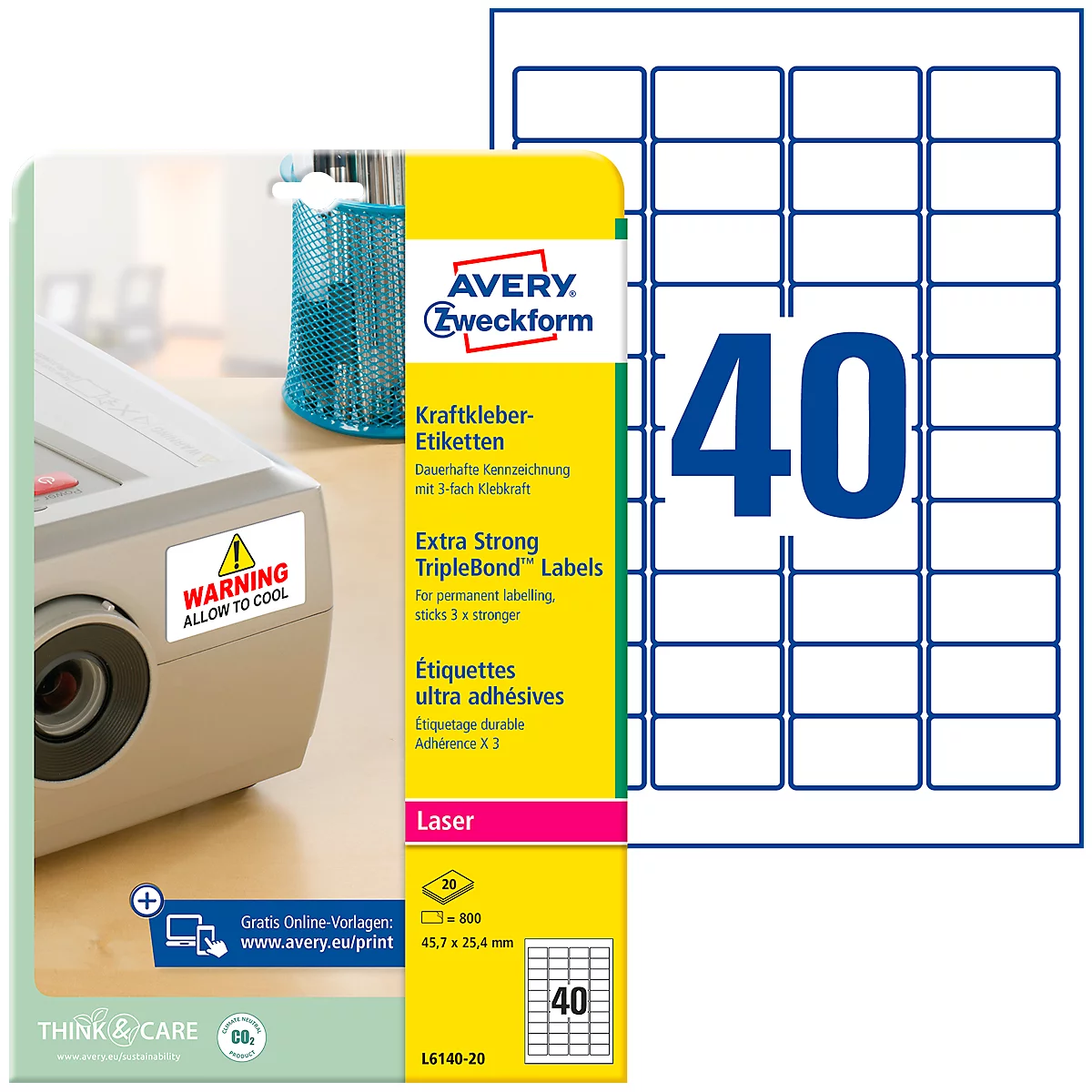 Avery Zweckform Etiketten L6140-20, extra stark haftend, geeignet für Laserdrucker, 45,7 x 25,4 mm, 800 Stück/20 A4-Bogen, Polyesterfolie, weiß