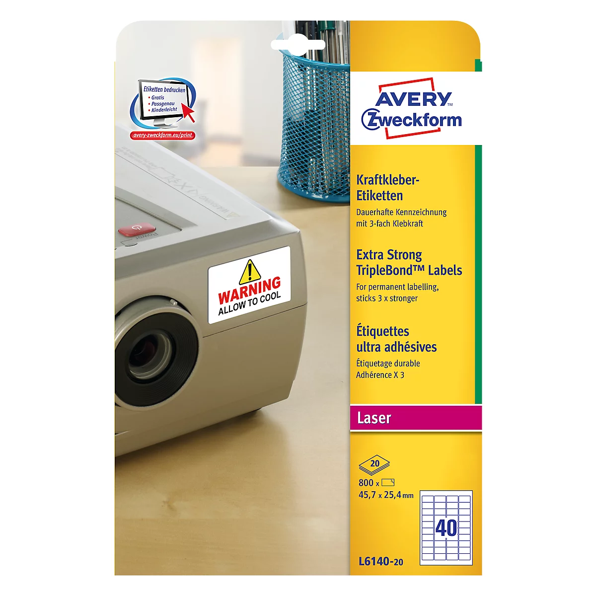 Avery Zweckform Etiketten L6140-20, extra stark haftend, geeignet für Laserdrucker, 45,7 x 25,4 mm, 800 Stück/20 A4-Bogen, Polyesterfolie, weiß