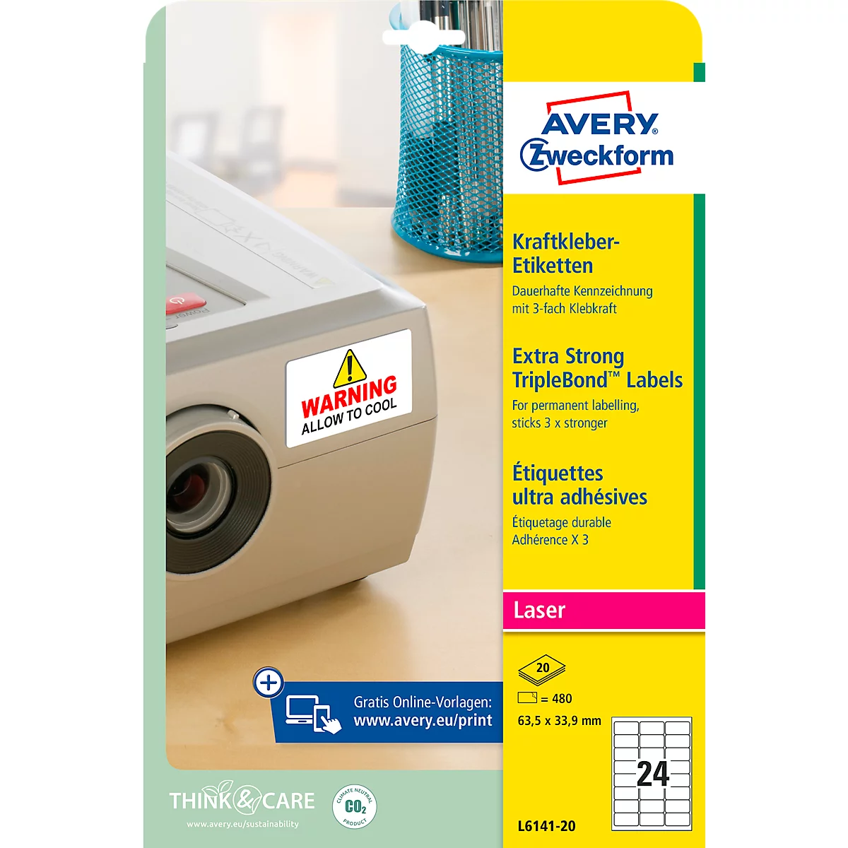 Avery Zweckform Etiketten L6141-20, extra stark haftend, geeignet für Laserdrucker, 63,5 x 33,9 mm, 480 Stück/20 A4-Bogen, Polyesterfolie, weiß