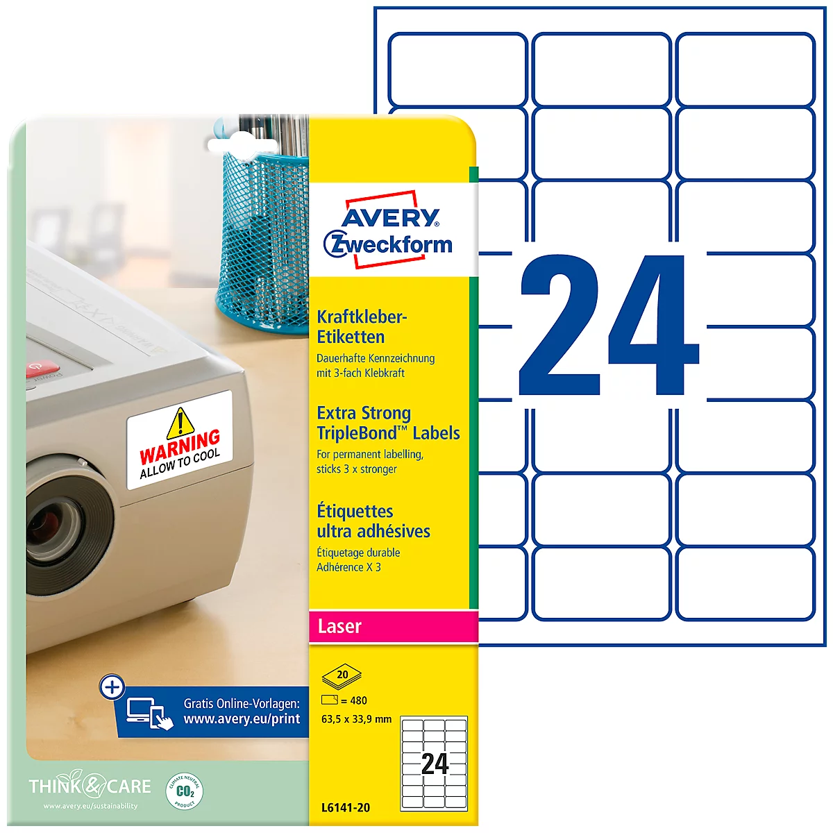 Avery Zweckform Etiketten L6141-20, extra stark haftend, geeignet für Laserdrucker, 63,5 x 33,9 mm, 480 Stück/20 A4-Bogen, Polyesterfolie, weiß