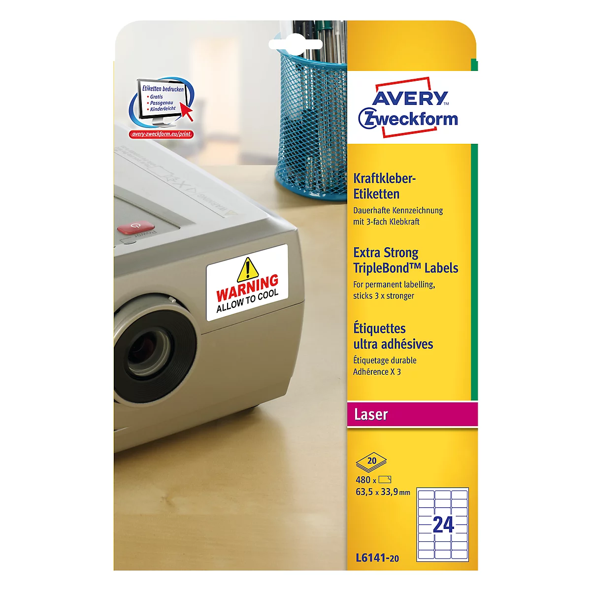 Avery Zweckform Etiketten L6141-20, extra stark haftend, geeignet für Laserdrucker, 63,5 x 33,9 mm, 480 Stück/20 A4-Bogen, Polyesterfolie, weiß