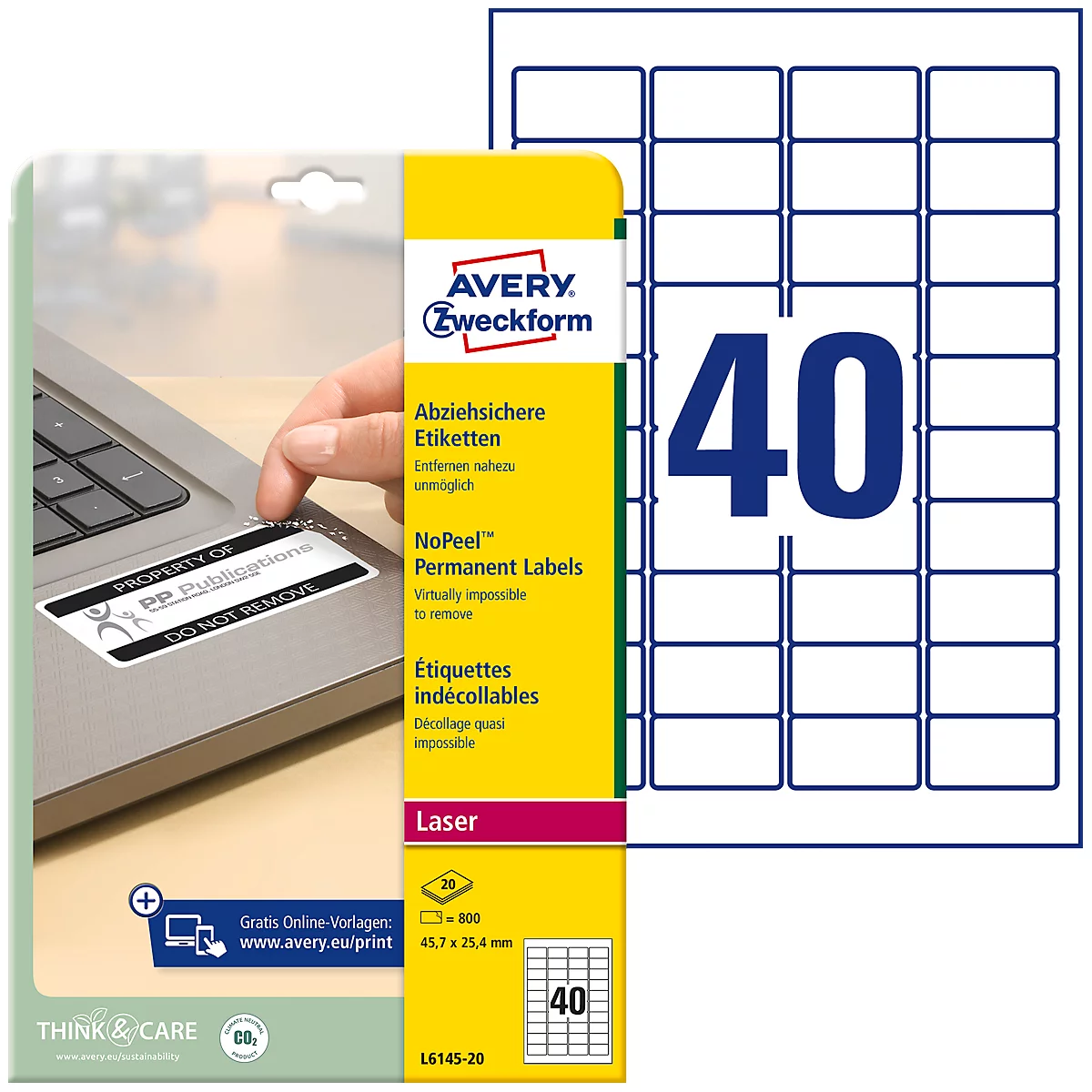 Avery Zweckform Etiketten L6145-20, fälschungssicher, extrem robust, geeignet für SW-Laserdrucker, 45,7 x 25,4 mm, 800 Stück/20 A4-Bogen, Acrylfolie, weiß