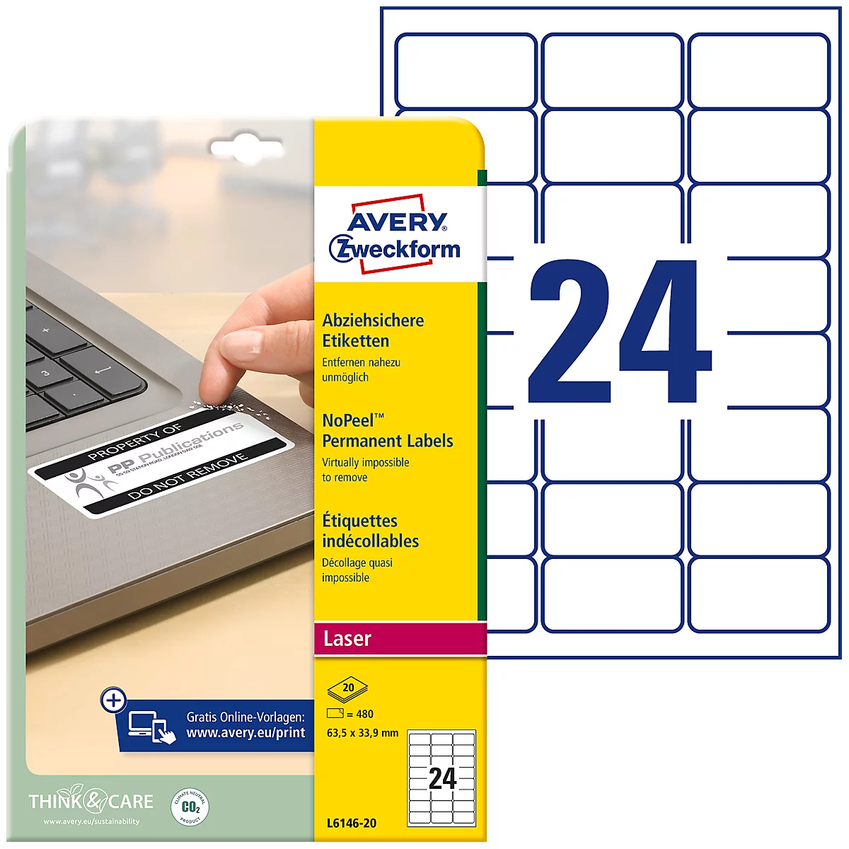 Avery Zweckform Etiketten L6146-20, fälschungssicher, extrem robust, geeignet für SW-Laserdrucker, 63,5 x 33,9 mm, 480 Stück/20 A4-Bogen, Acrylfolie, weiß