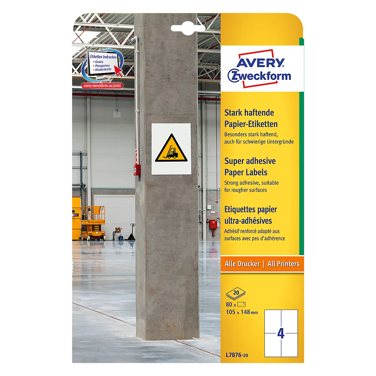 Avery Zweckform Etiketten L7876-20, stark haftend, geeignet für Inkjet-& Laserdrucker, 105 x 148 mm, 80 Stück/20 A4-Bogen, 100 % FSC®-Papier, weiß
