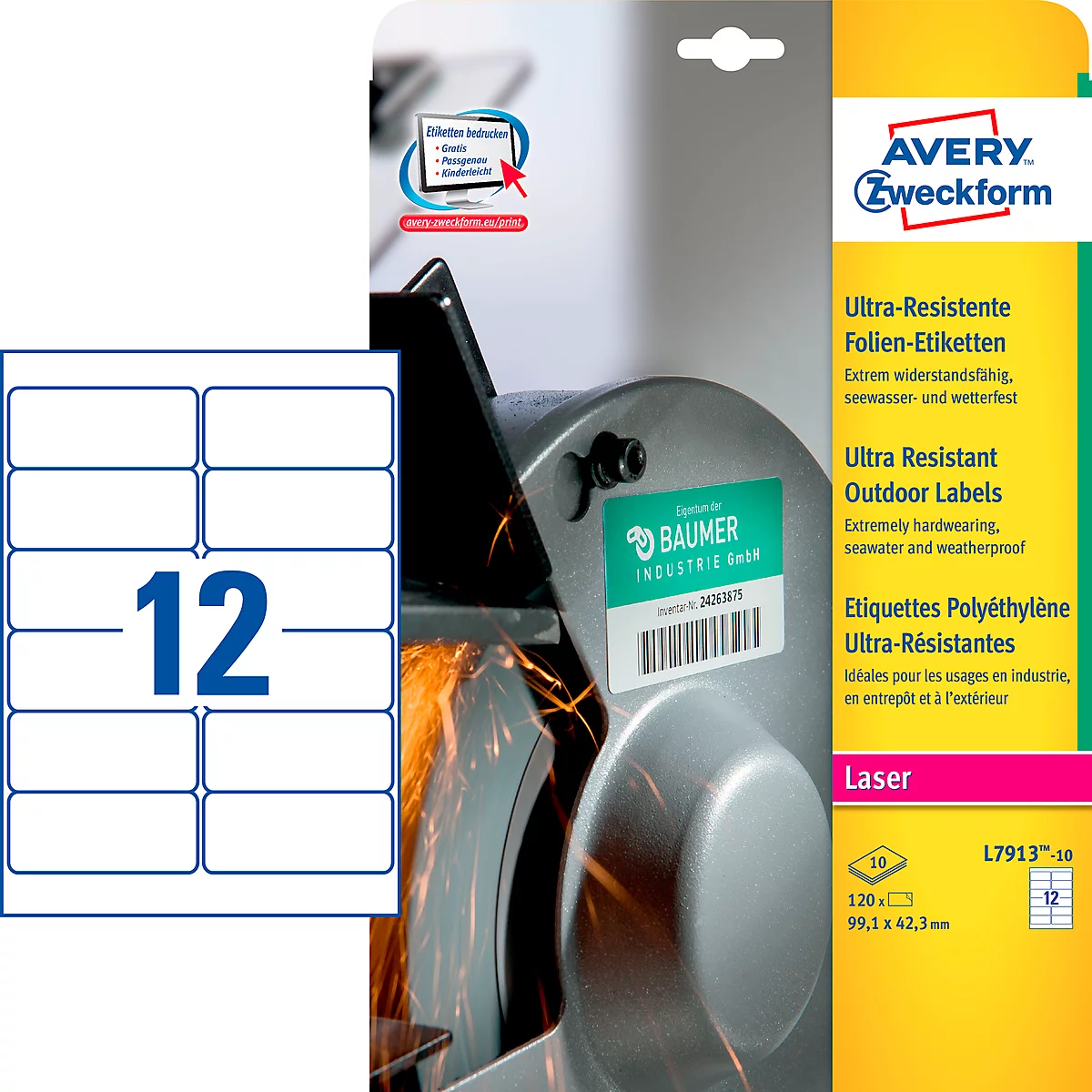 Avery Zweckform Etiketten L7913-10, ultraresistent, geeignet für Laserdrucker, 99,1 x 42,3 mm, 120 Stück/10 A4-Bogen, Polyethylen-Folie, weiß