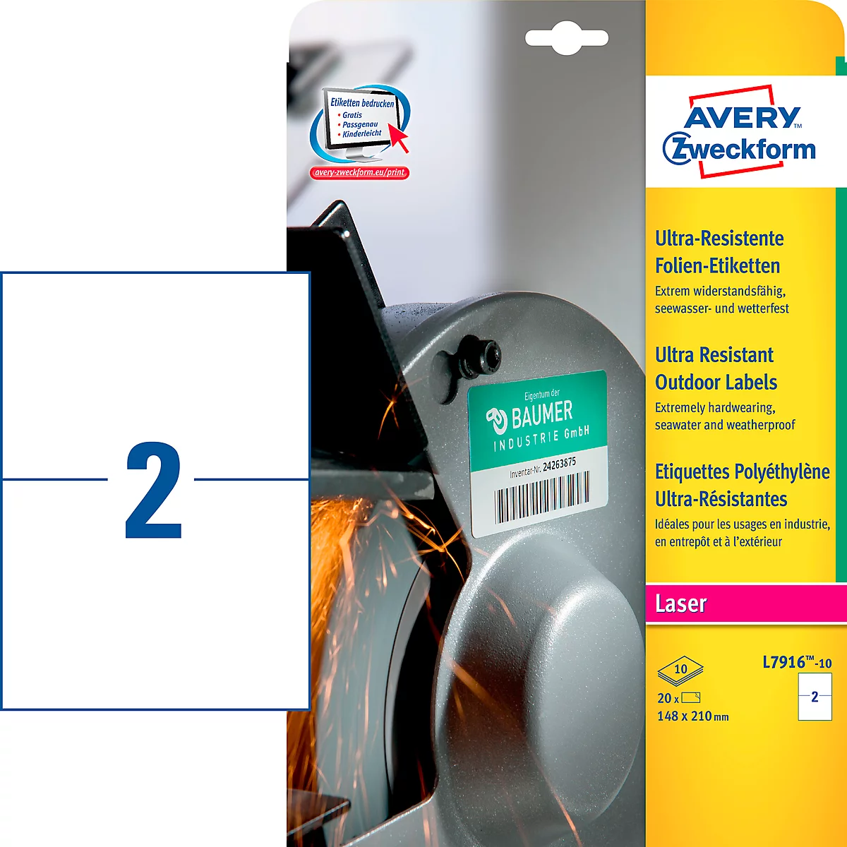 Avery Zweckform Etiketten L7916-10, ultraresistent, geeignet für Laserdrucker, 210 x 148 mm, 20 Stück/10 A4-Bogen, Polyethylen-Folie, weiß